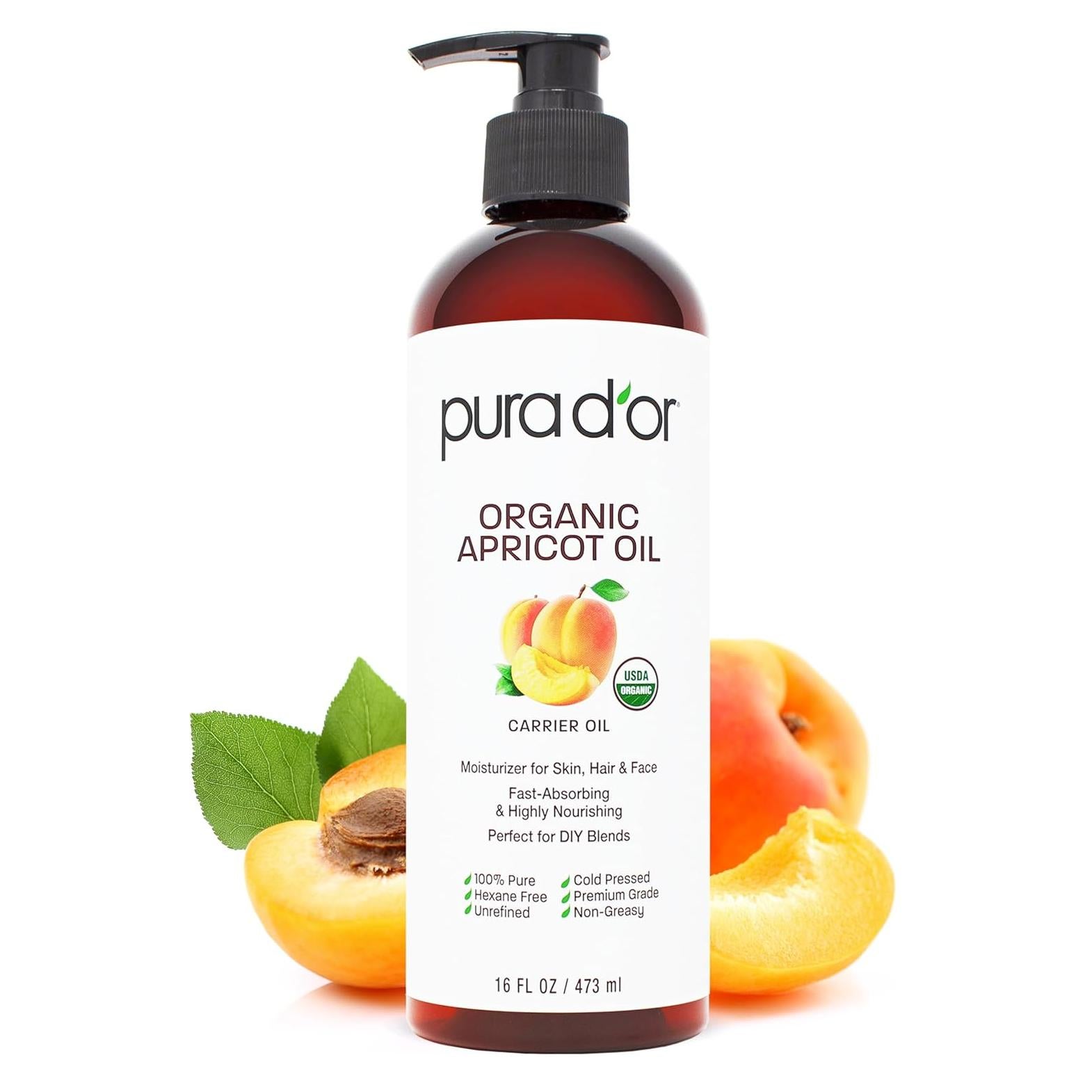 PURA D'OR 16 Oz ORGANIC Apricot Kernel Oil - 100% Pure & Natural USDA Certified Cold Pressed Carrier Oil - Antioxidant & Vitamin E Rich Moisturizer for Natural Glow & Softness - Face, Skin & Hair
