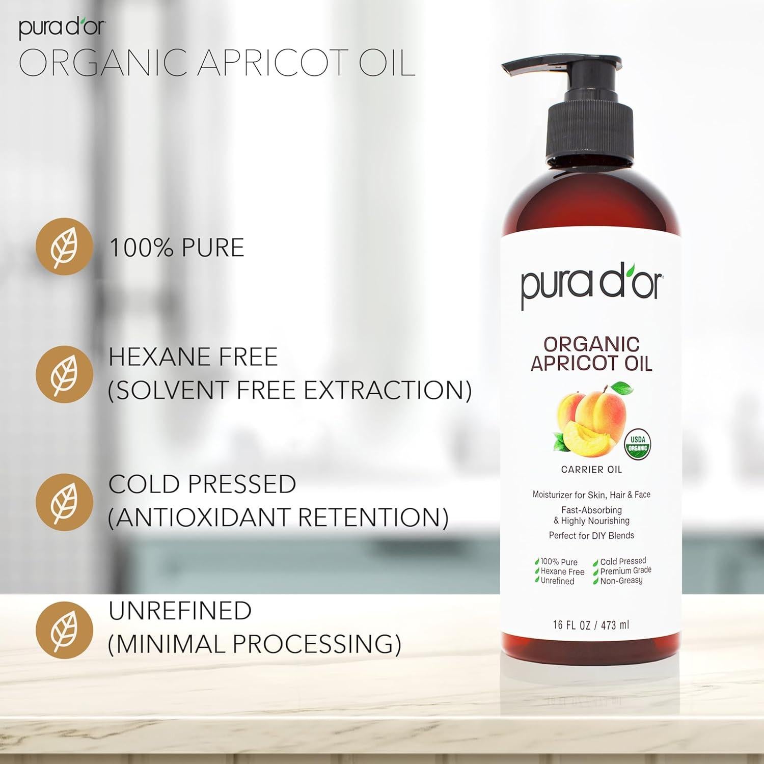 PURA D'OR 16 Oz ORGANIC Apricot Kernel Oil - 100% Pure & Natural USDA Certified Cold Pressed Carrier Oil - Antioxidant & Vitamin E Rich Moisturizer for Natural Glow & Softness - Face, Skin & Hair
