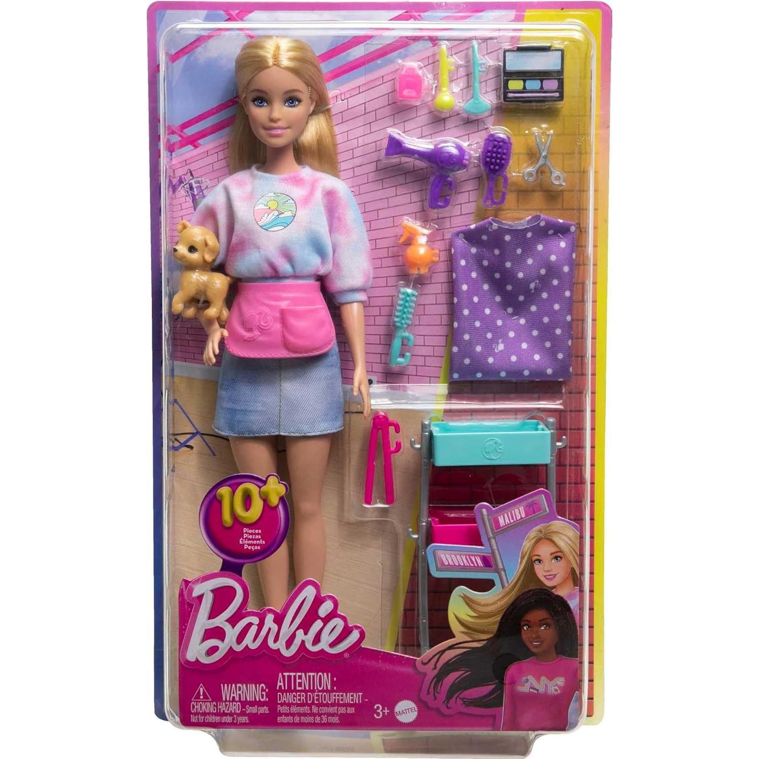 Muñeca Barbie Estilista Malibu con 14 Accesorios y Carrito