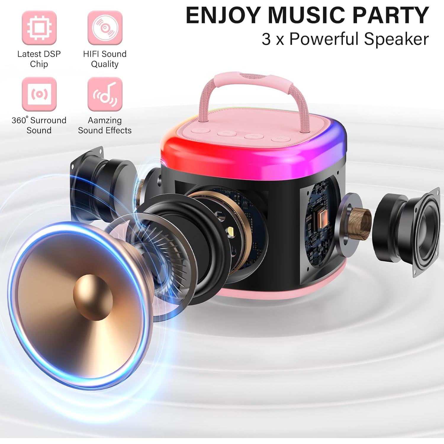 Mini Máquina de Karaoke HWWR Rosa 2 Micrófonos Inalámbricos