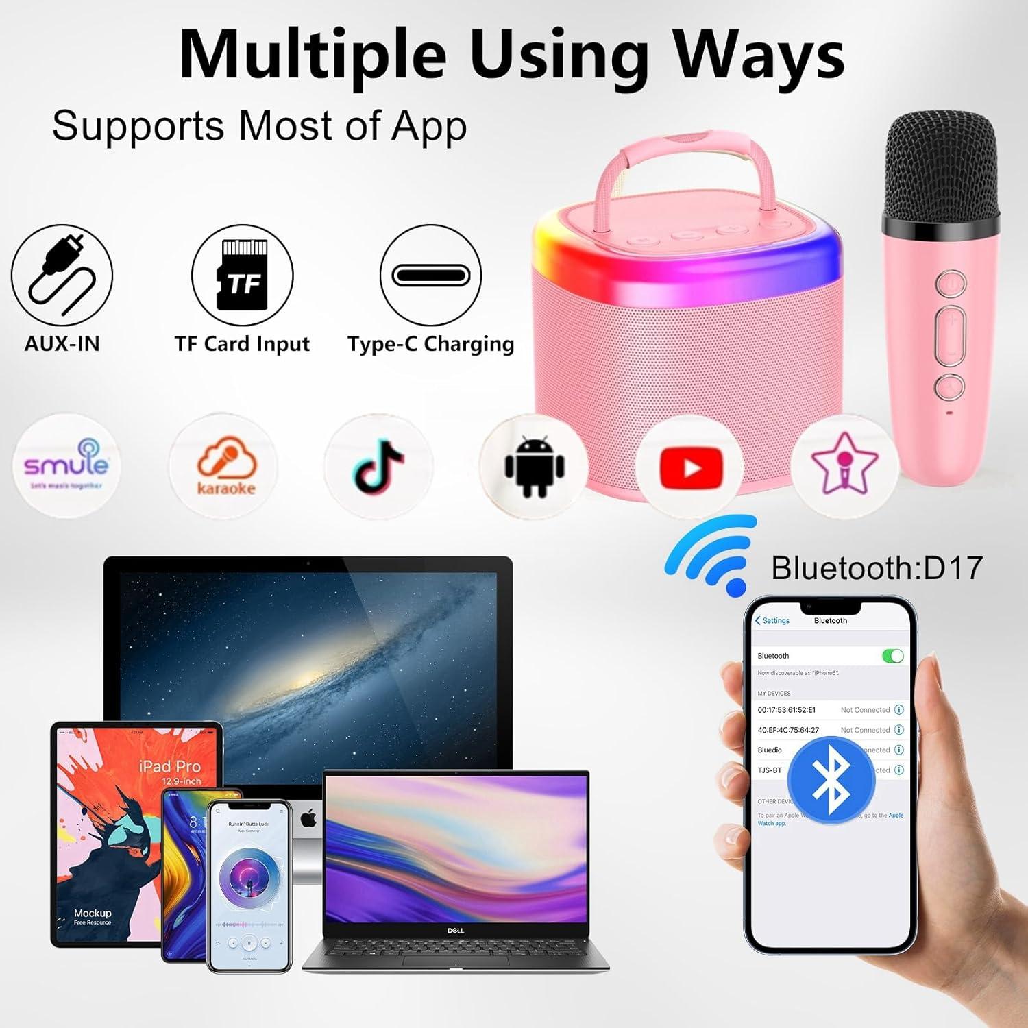 Mini Máquina de Karaoke HWWR Rosa 2 Micrófonos Inalámbricos