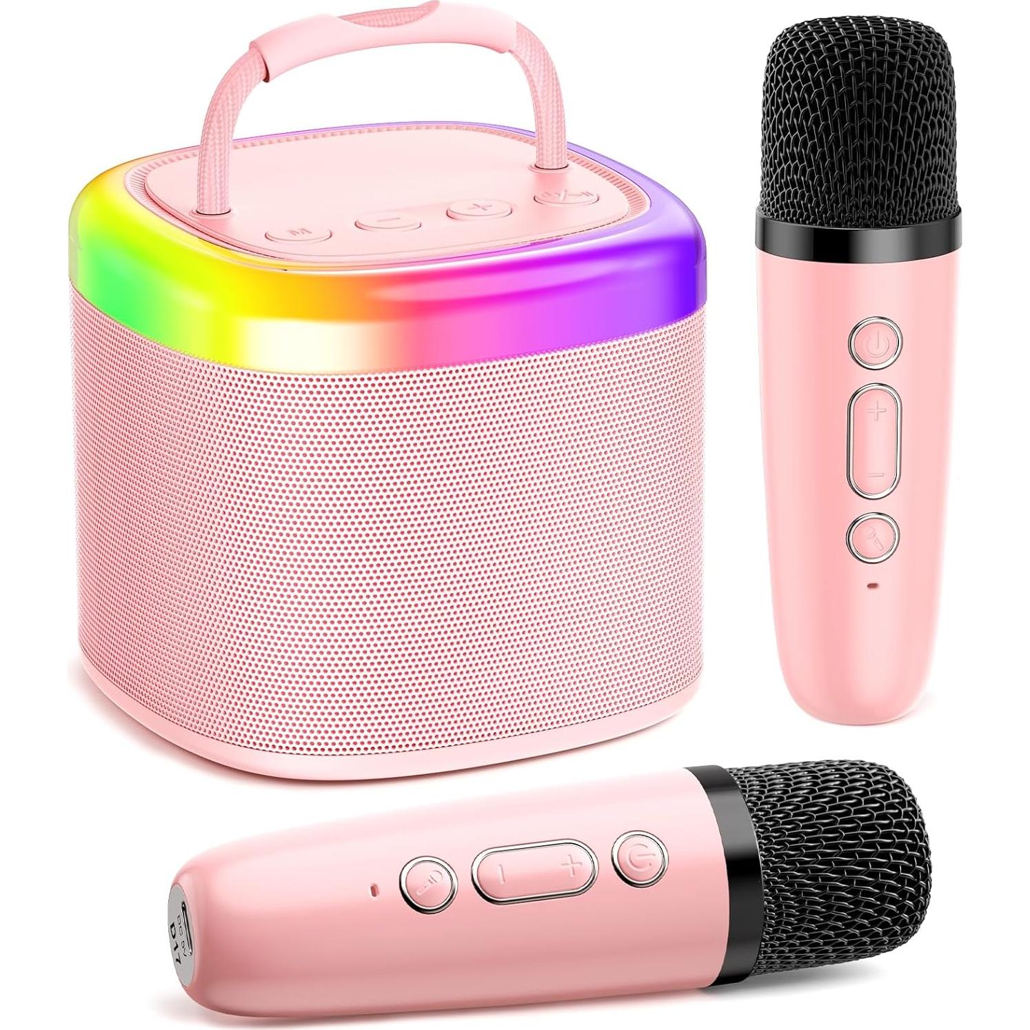 Mini Máquina de Karaoke HWWR Rosa 2 Micrófonos Inalámbricos