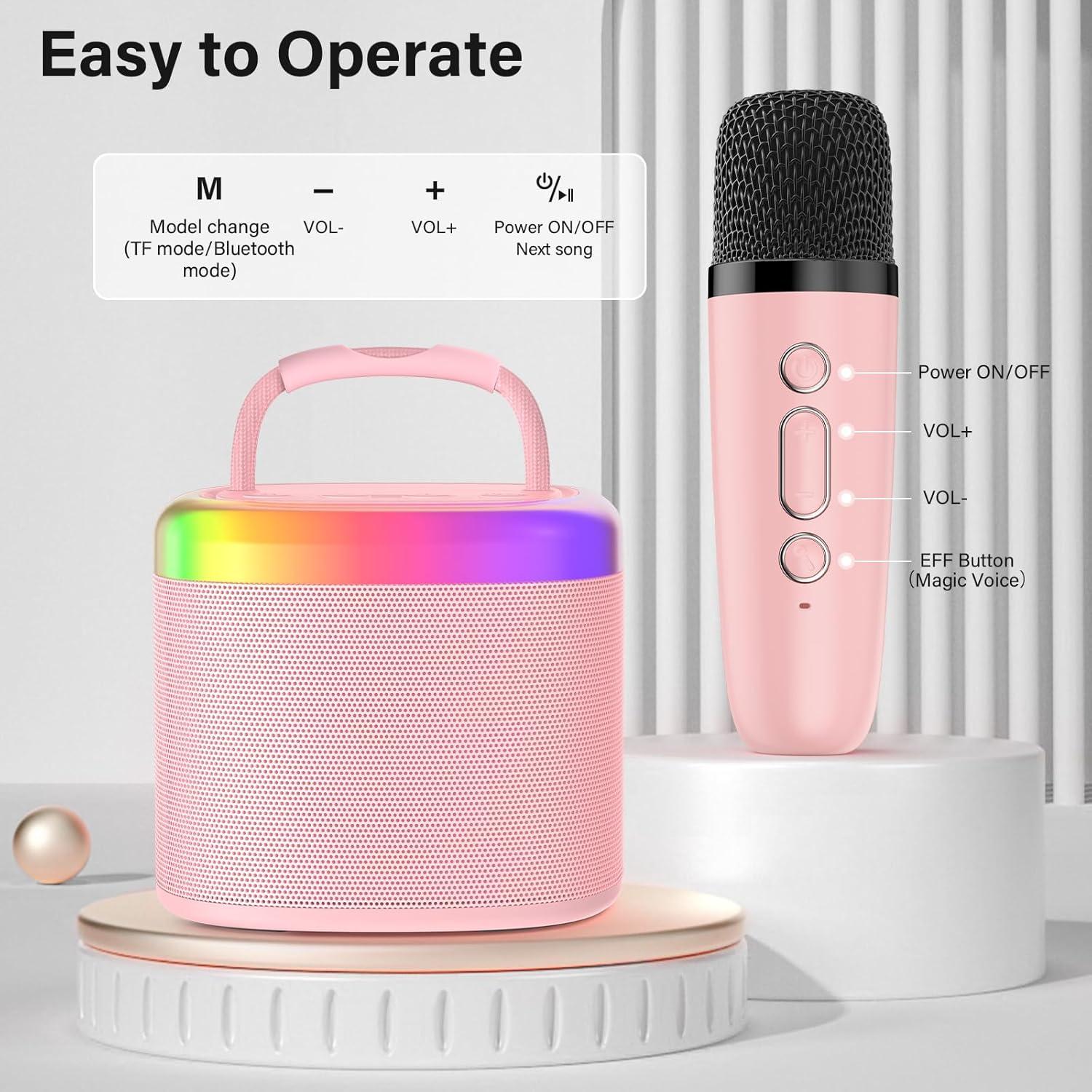 Mini Máquina de Karaoke HWWR Rosa con Micrófono y Luces