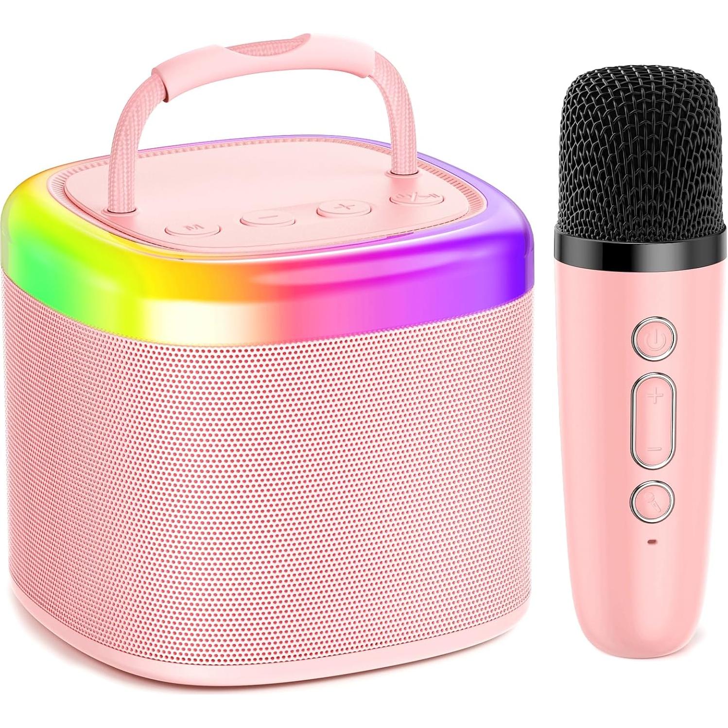 Mini Máquina de Karaoke HWWR Rosa con Micrófono y Luces