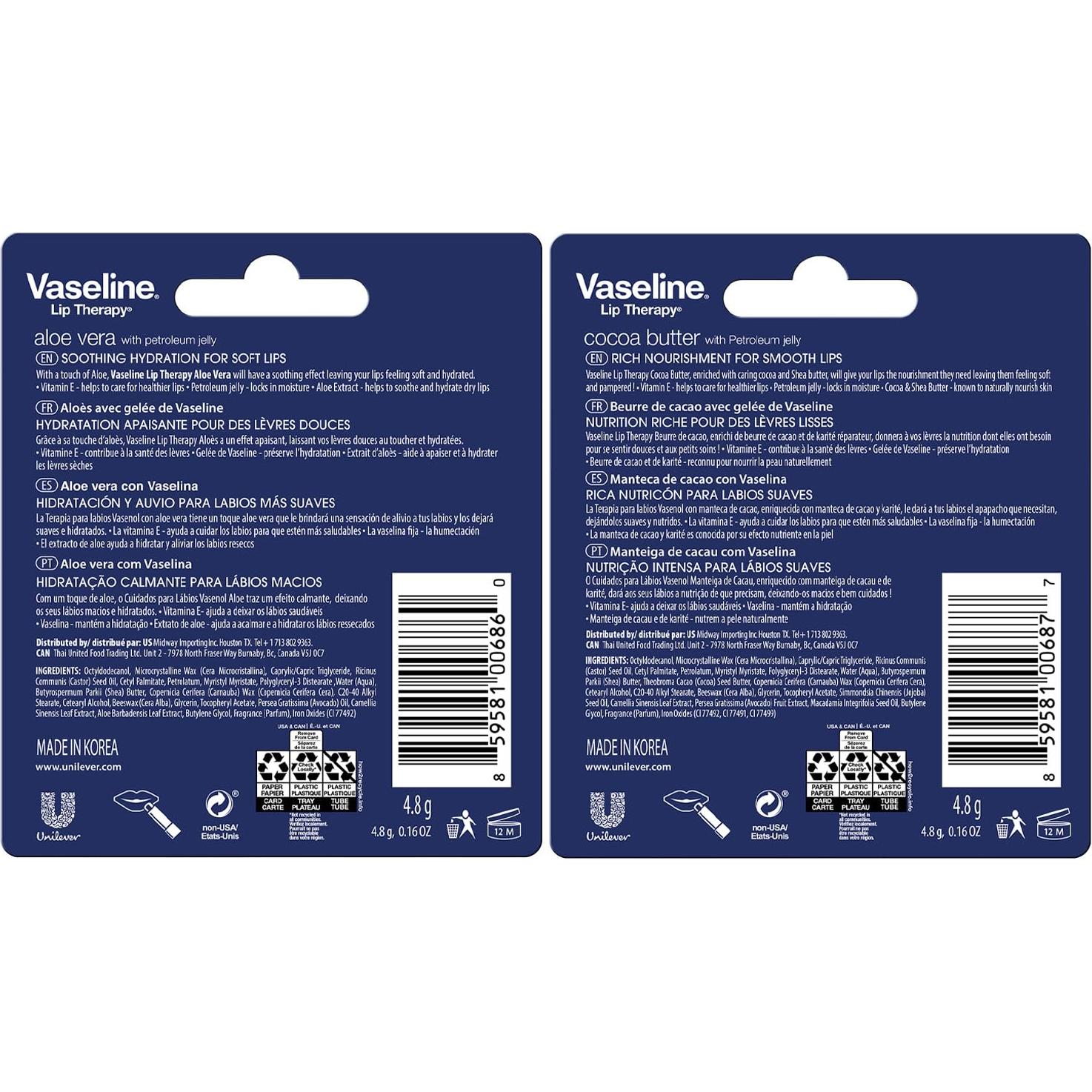 Bálsamos Labiales Vaseline 4-Pack Aloe Vera y Cacao 4.5g