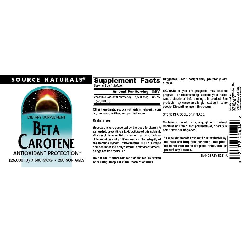 Beta Caroteno 25000 IU Source Naturals 250 Softgels Antioxidante
