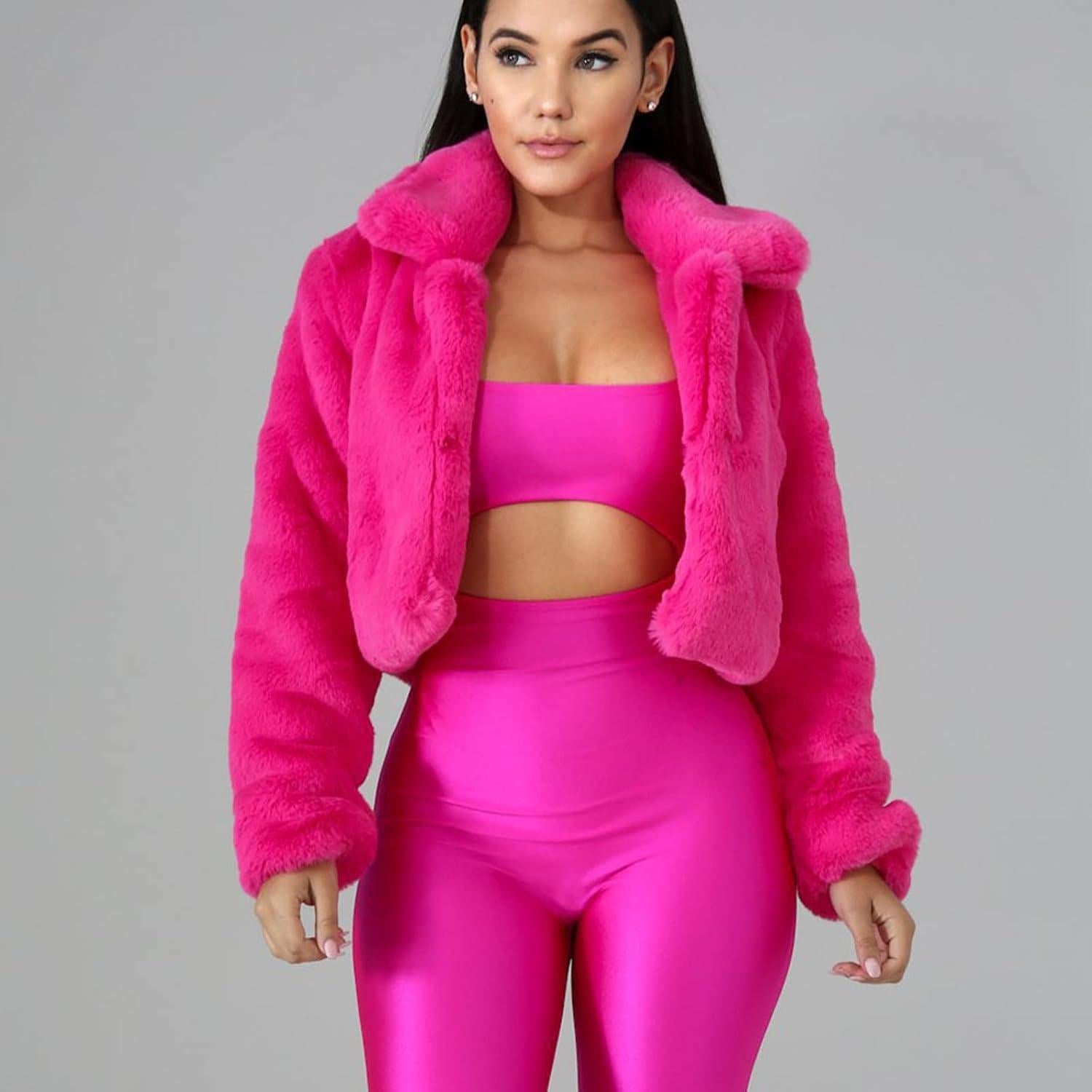 LCMTWX Womens Winter Outerwear Faux Fur Long Jacket Faux Sleeve Short Warm Women's Coat Long Sleeve Pockets Shaggy Purple