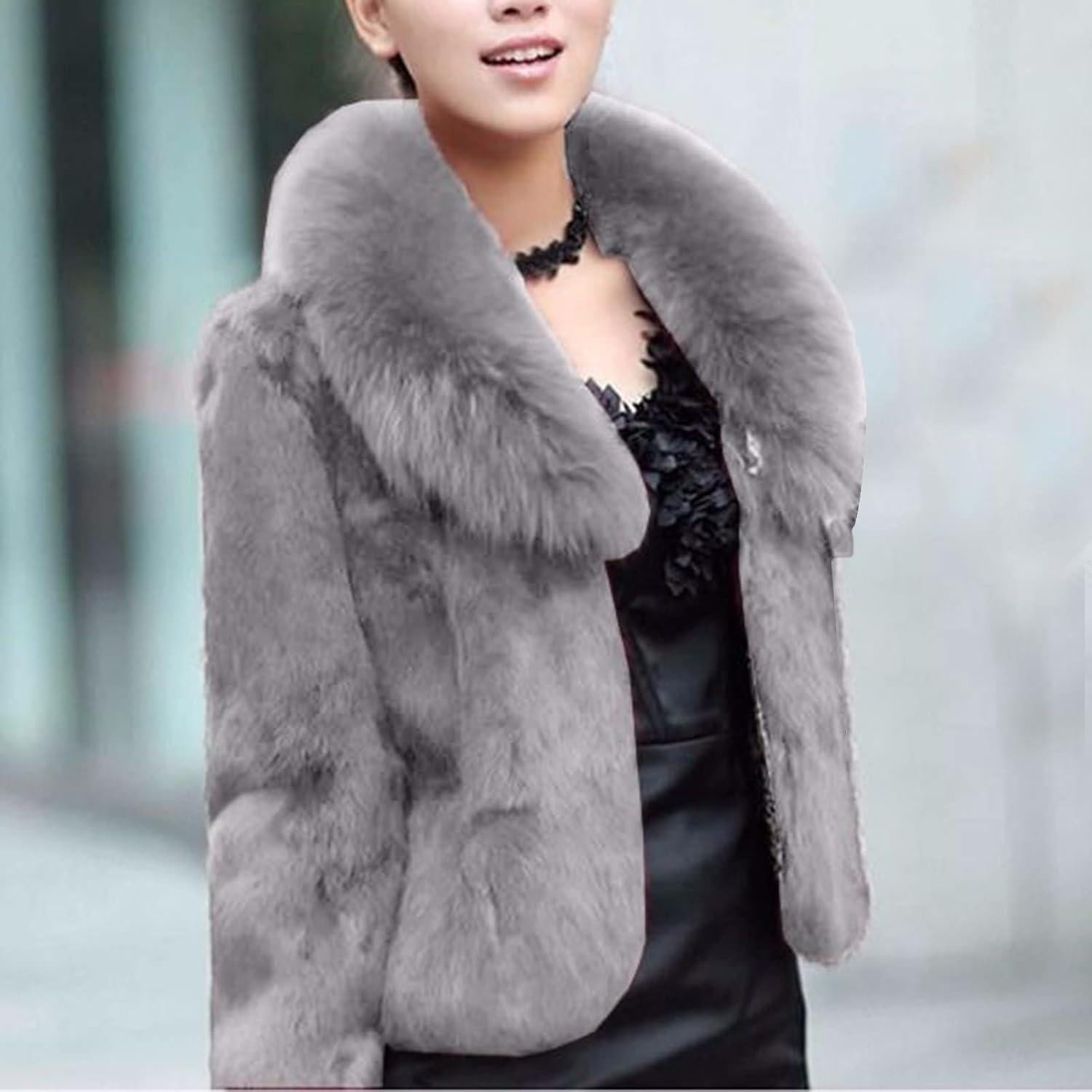 LCMTWX Womens Winter Outerwear Faux Fur Long Jacket Faux Sleeve Short Warm Women's Coat Long Sleeve Pockets Shaggy Purple