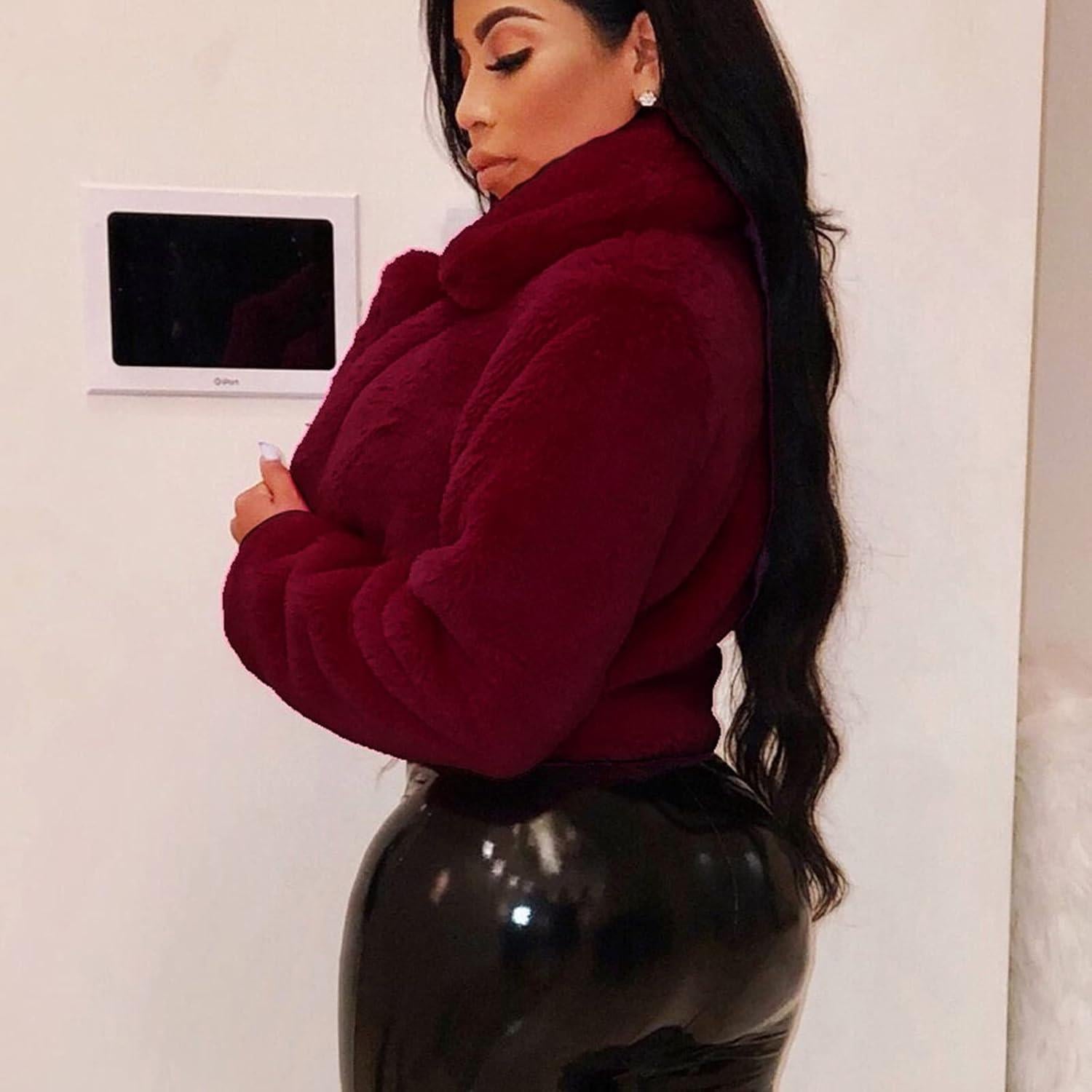 LCMTWX Womens Winter Outerwear Faux Fur Long Jacket Faux Sleeve Short Warm Women's Coat Long Sleeve Pockets Shaggy Purple