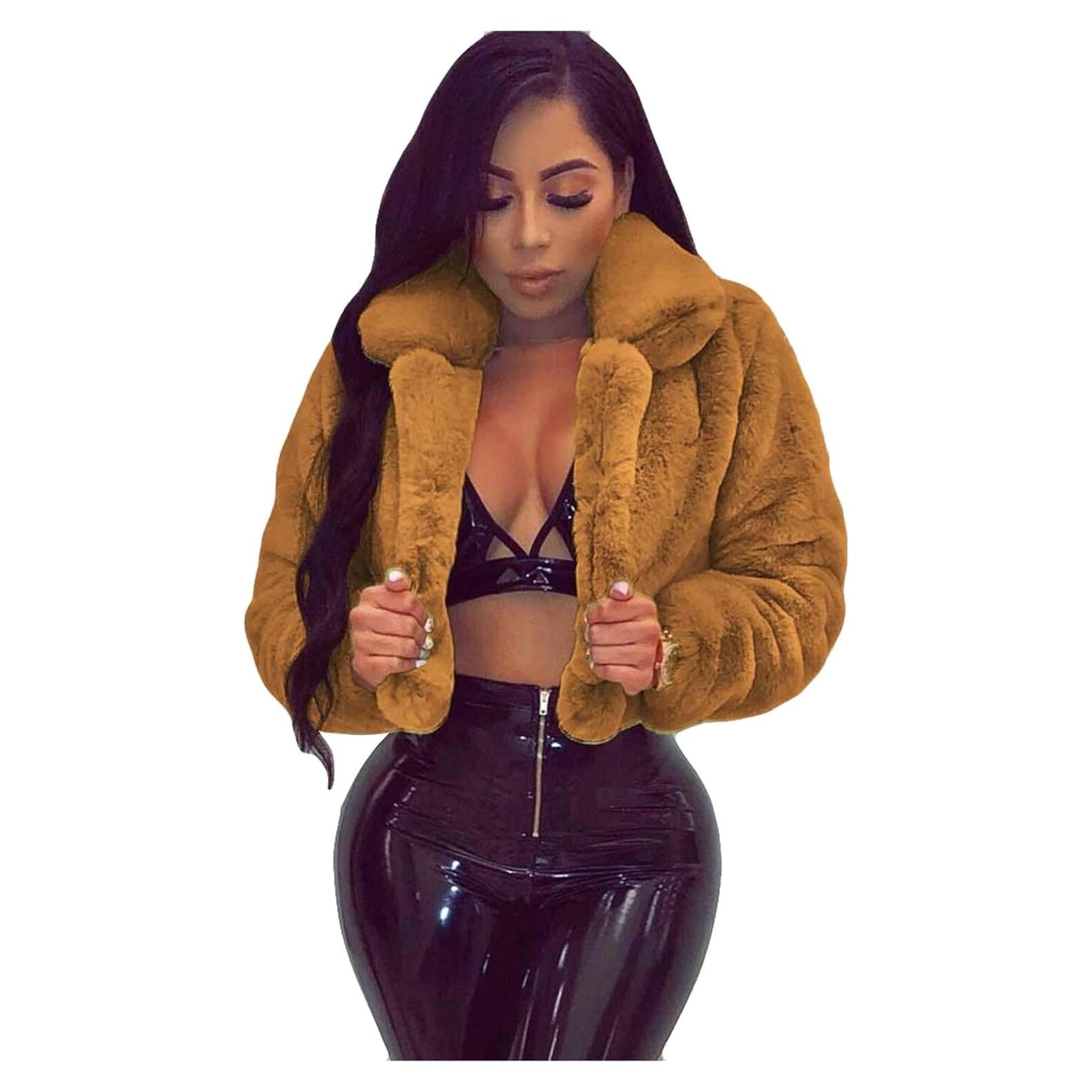 LCMTWX Womens Winter Outerwear Faux Fur Long Jacket Faux Sleeve Short Warm Women's Coat Long Sleeve Pockets Shaggy Purple