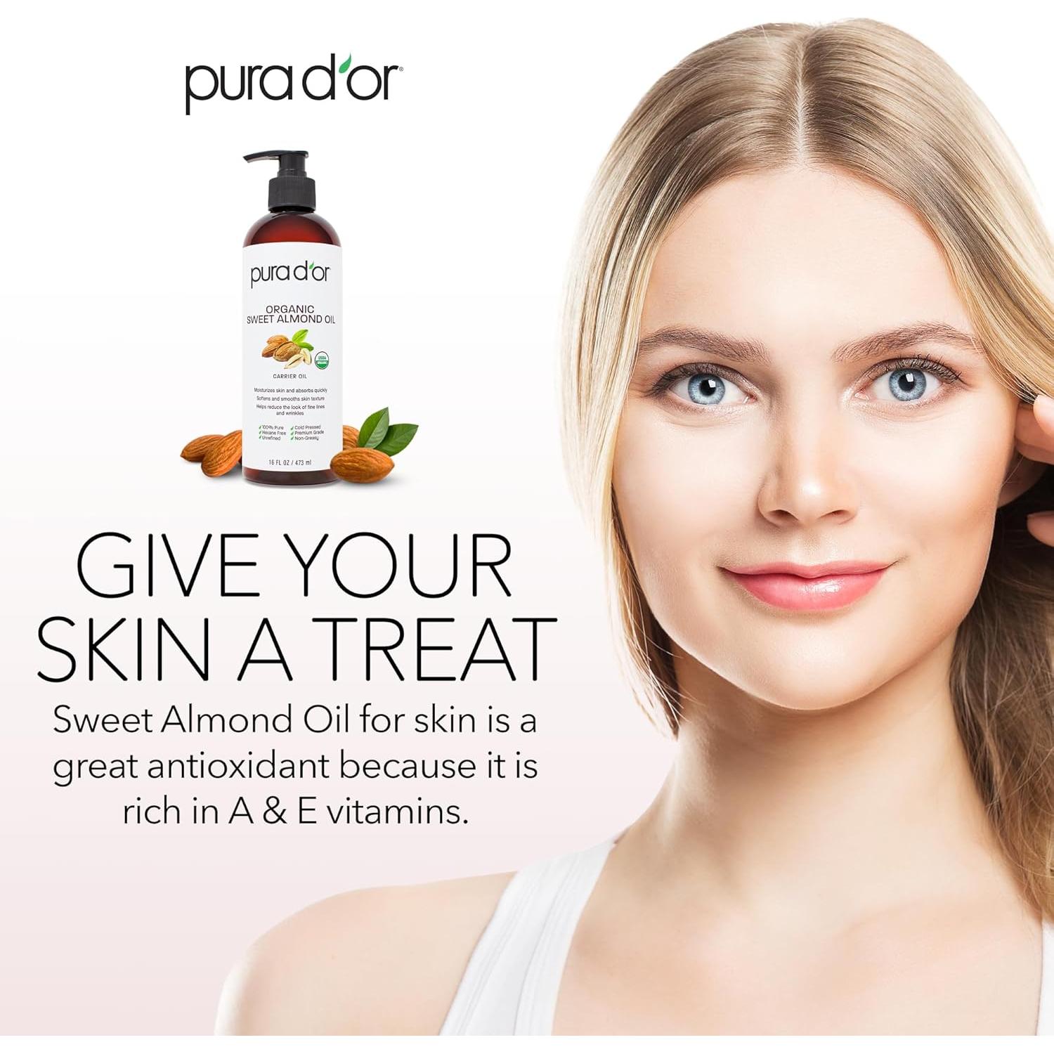 Aceite de Almendra Dulce Orgánico PURA D'OR 473ml - Hidratante No Graso