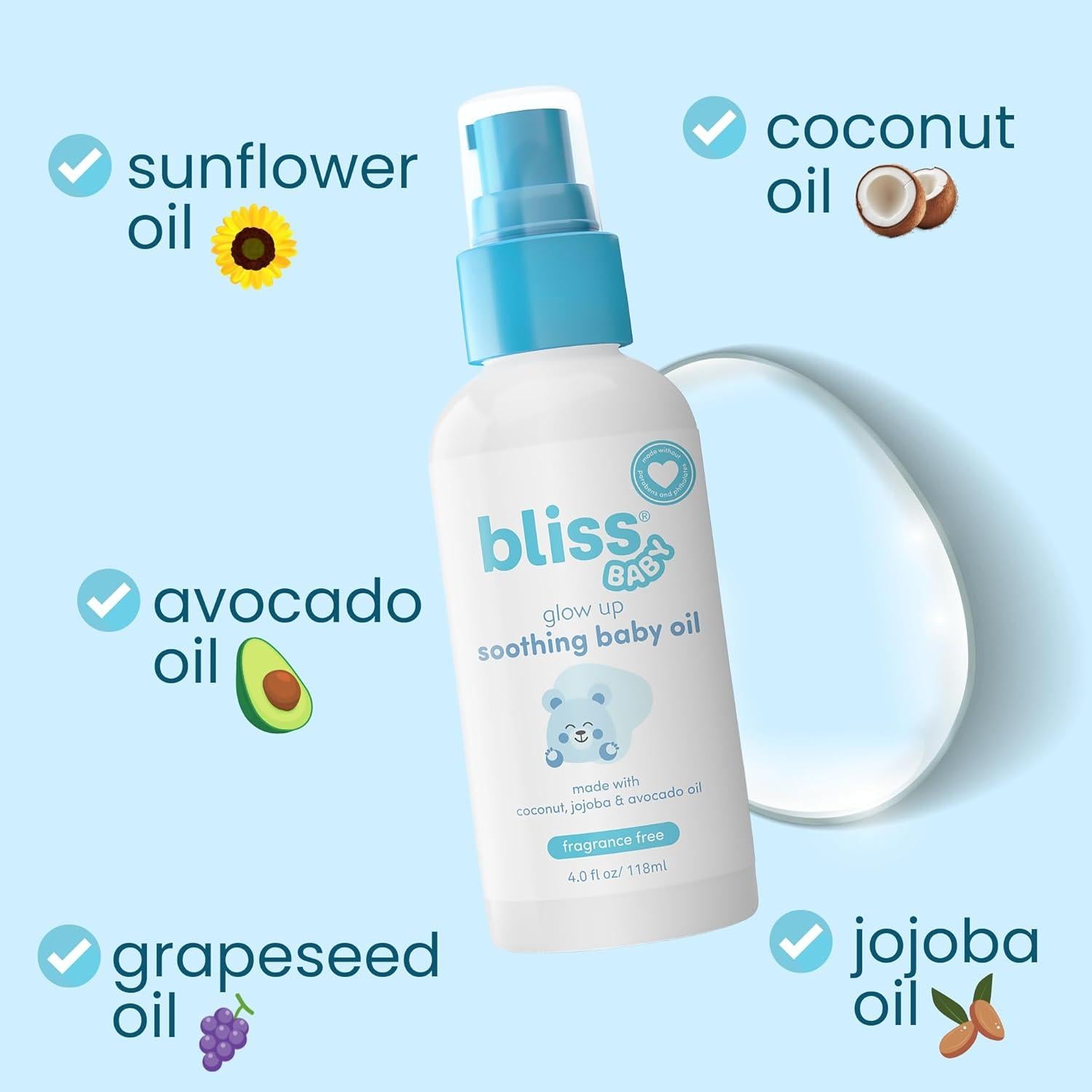 Aceite para Bebés Bliss 118 ml, Natural y Vegano, Sin Fragancia
