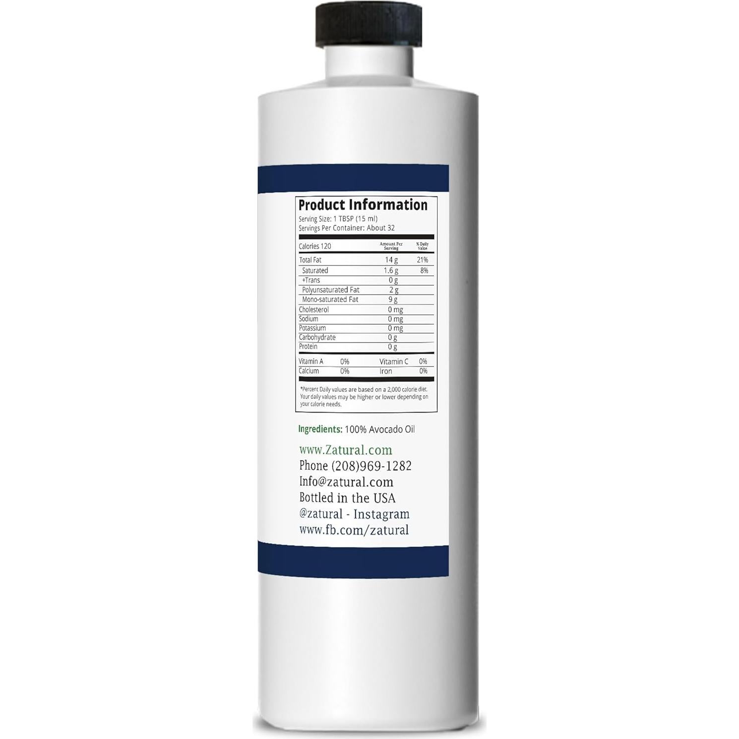 Aceite de Aguacate Zatural 100% Puro 473ml Prensado en Frío