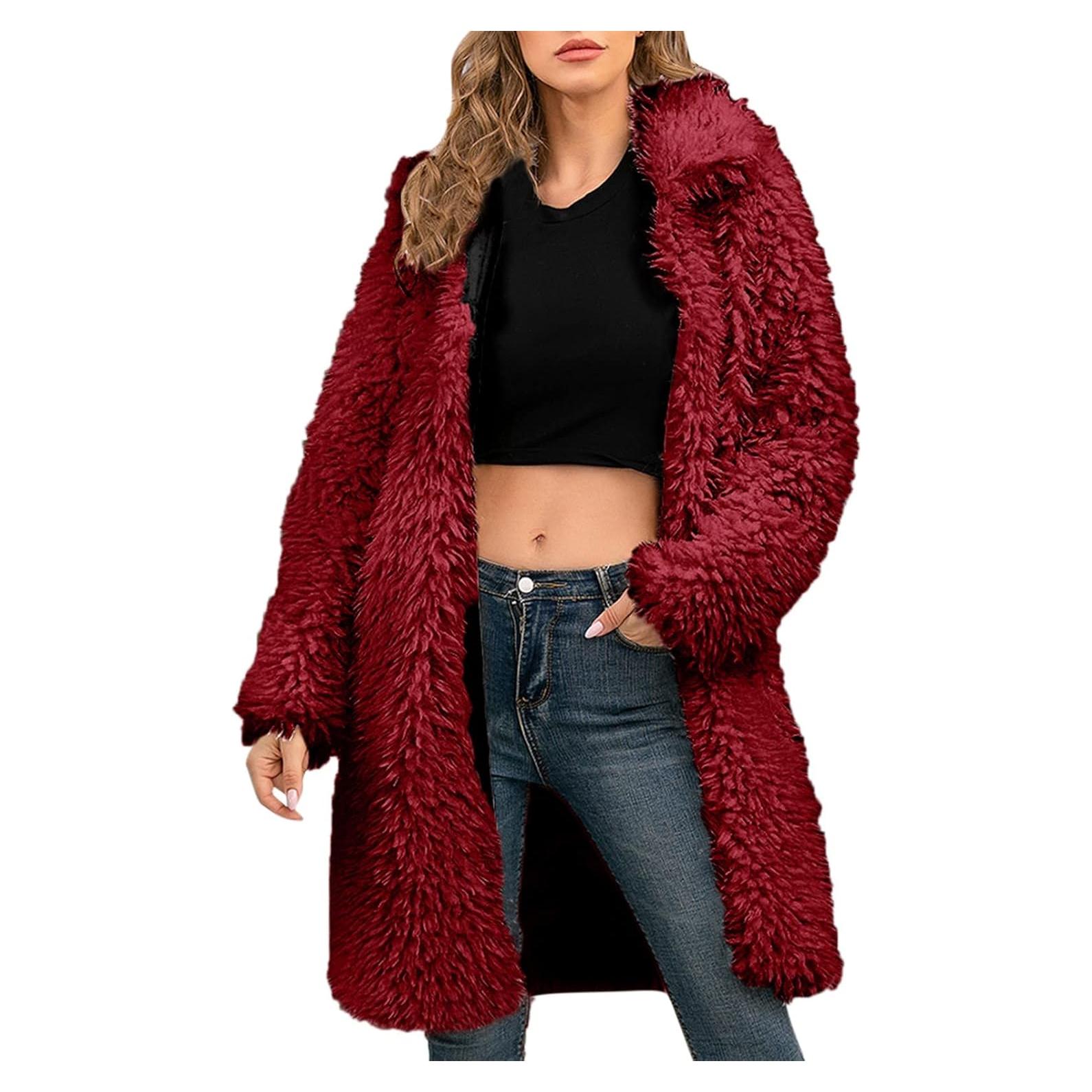 LCMTWX Womens Winter Outerwear Faux Fur Long Jacket Faux Sleeve Short Warm Women's Coat Long Sleeve Pockets Shaggy Purple