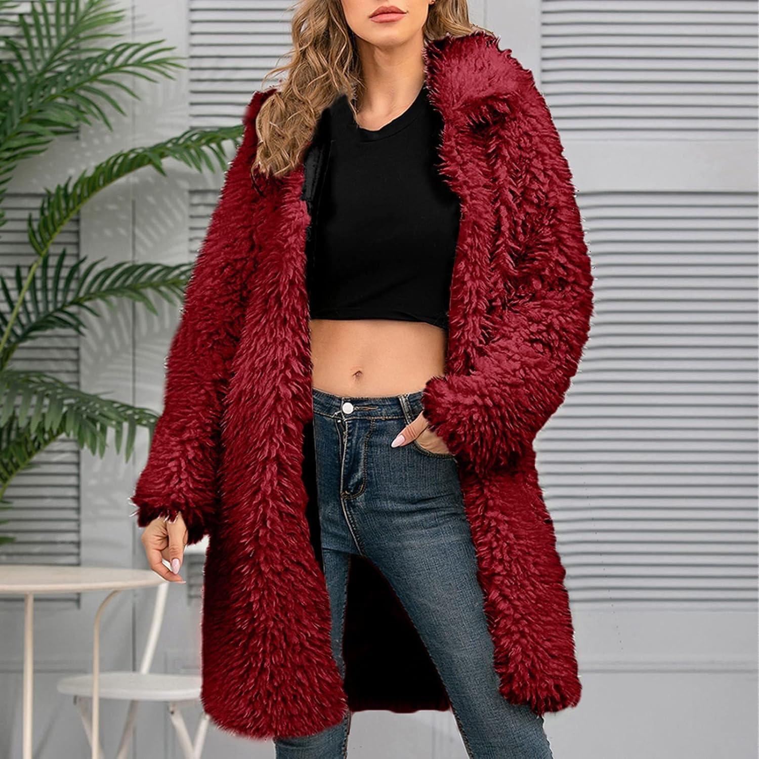 LCMTWX Womens Winter Outerwear Faux Fur Long Jacket Faux Sleeve Short Warm Women's Coat Long Sleeve Pockets Shaggy Purple