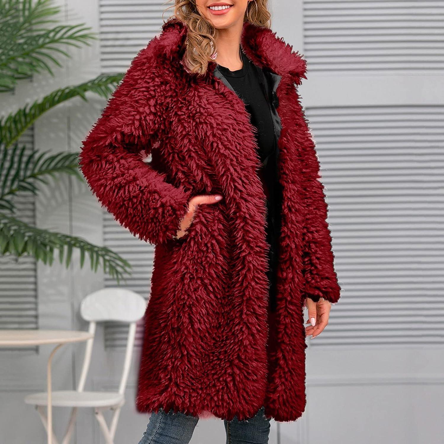 LCMTWX Womens Winter Outerwear Faux Fur Long Jacket Faux Sleeve Short Warm Women's Coat Long Sleeve Pockets Shaggy Purple