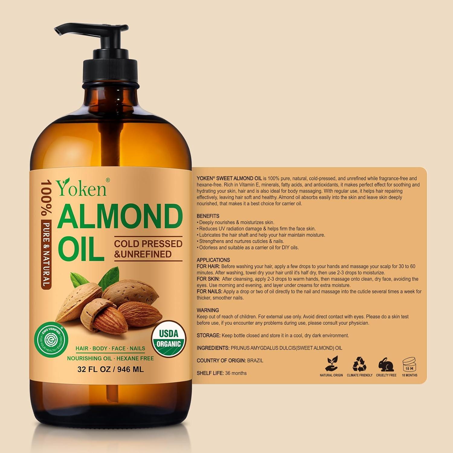 Aceite de Almendra 100% Puro Yoken 946 ml Prensado en Frío