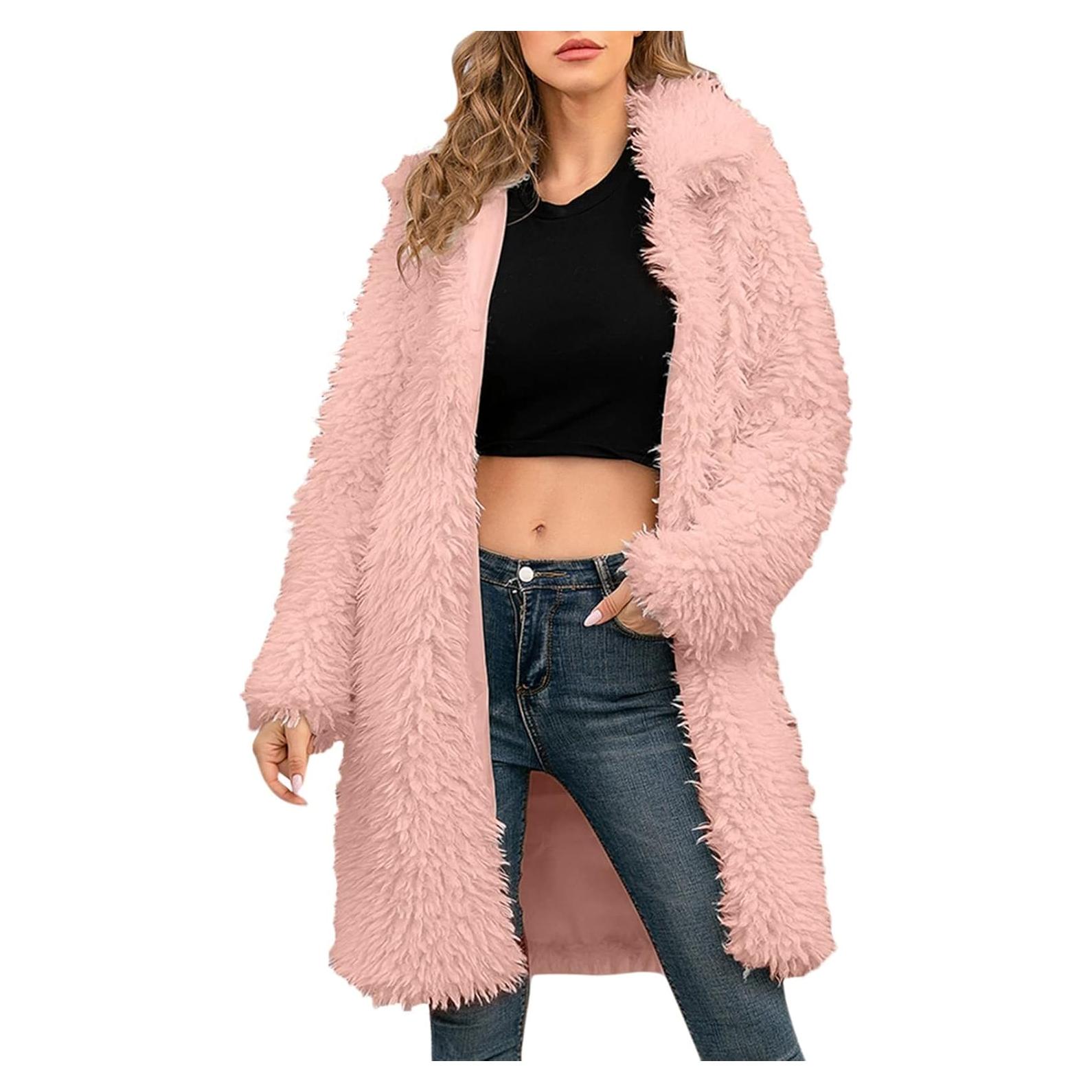 LCMTWX Womens Winter Outerwear Faux Fur Long Jacket Faux Sleeve Short Warm Women's Coat Long Sleeve Pockets Shaggy Purple