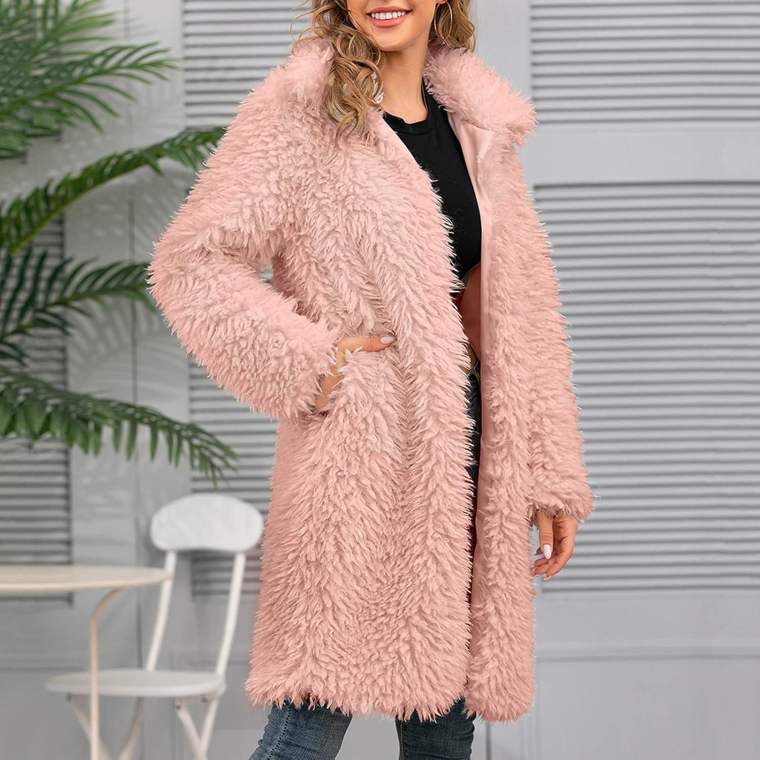 LCMTWX Womens Winter Outerwear Faux Fur Long Jacket Faux Sleeve Short Warm Women's Coat Long Sleeve Pockets Shaggy Purple