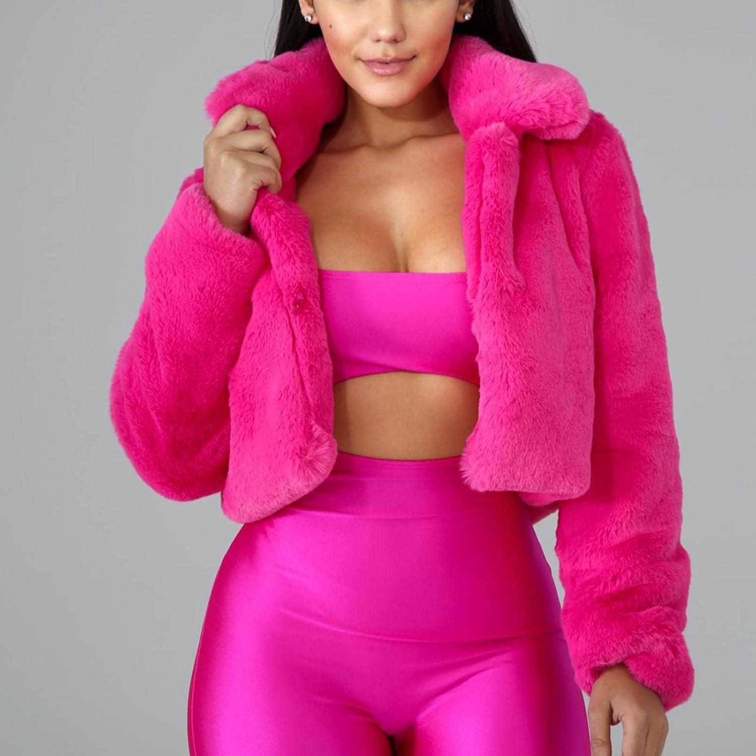 LCMTWX Womens Winter Outerwear Faux Fur Long Jacket Faux Sleeve Short Warm Women's Coat Long Sleeve Pockets Shaggy Purple