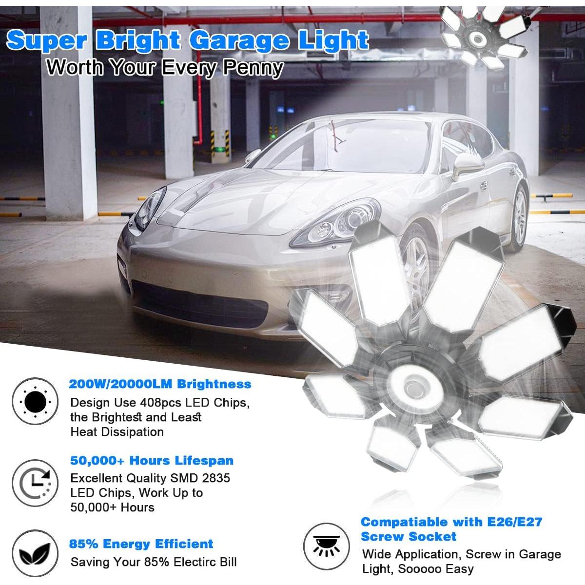 Luces LED de Garaje POLARPRA 200W 40000LM 8 Paneles Ajustables