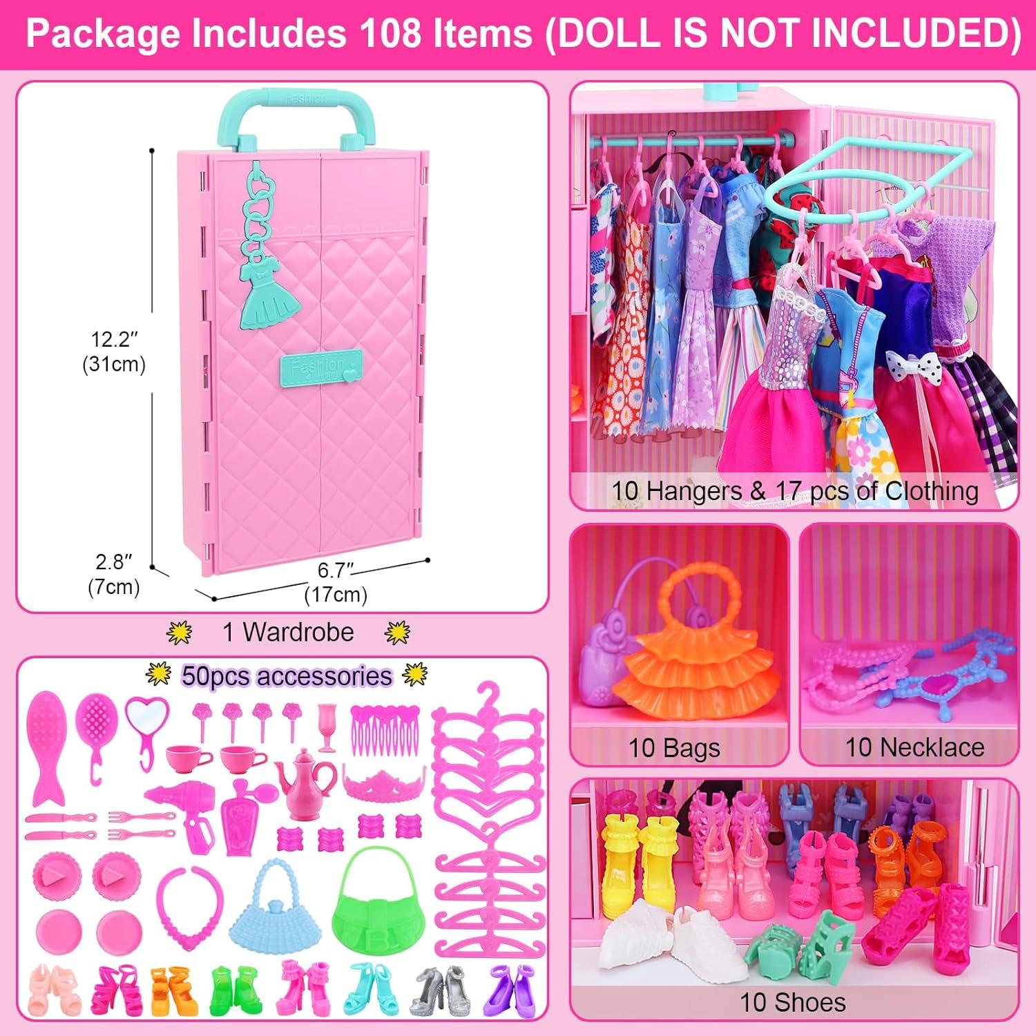 Closet de Muñecas ZITA 108 Pcs 29.21 cm Rosa con Ropa y Accesorios