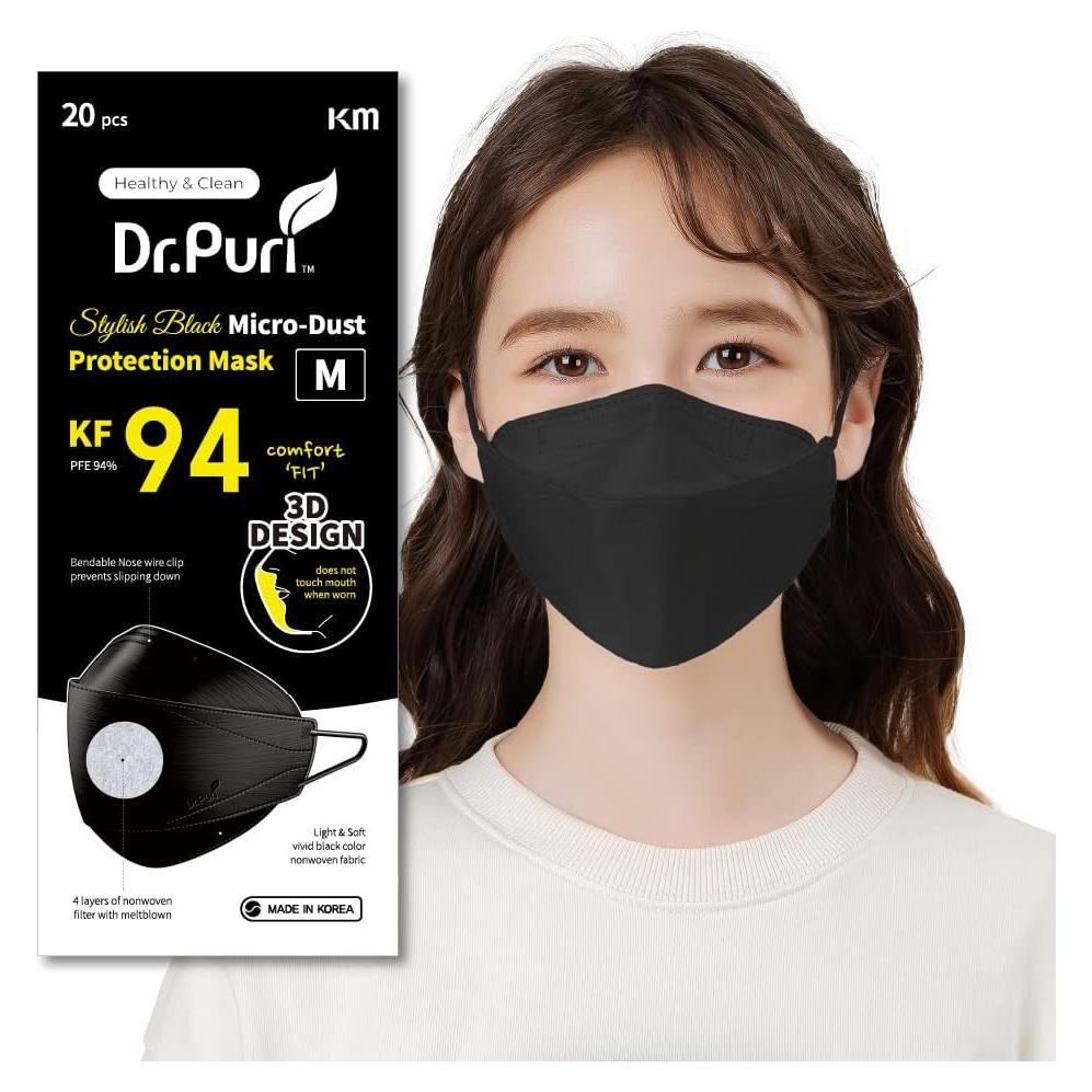 Paquete de 20 Máscaras Faciales KF94 Premium Negras Medianas