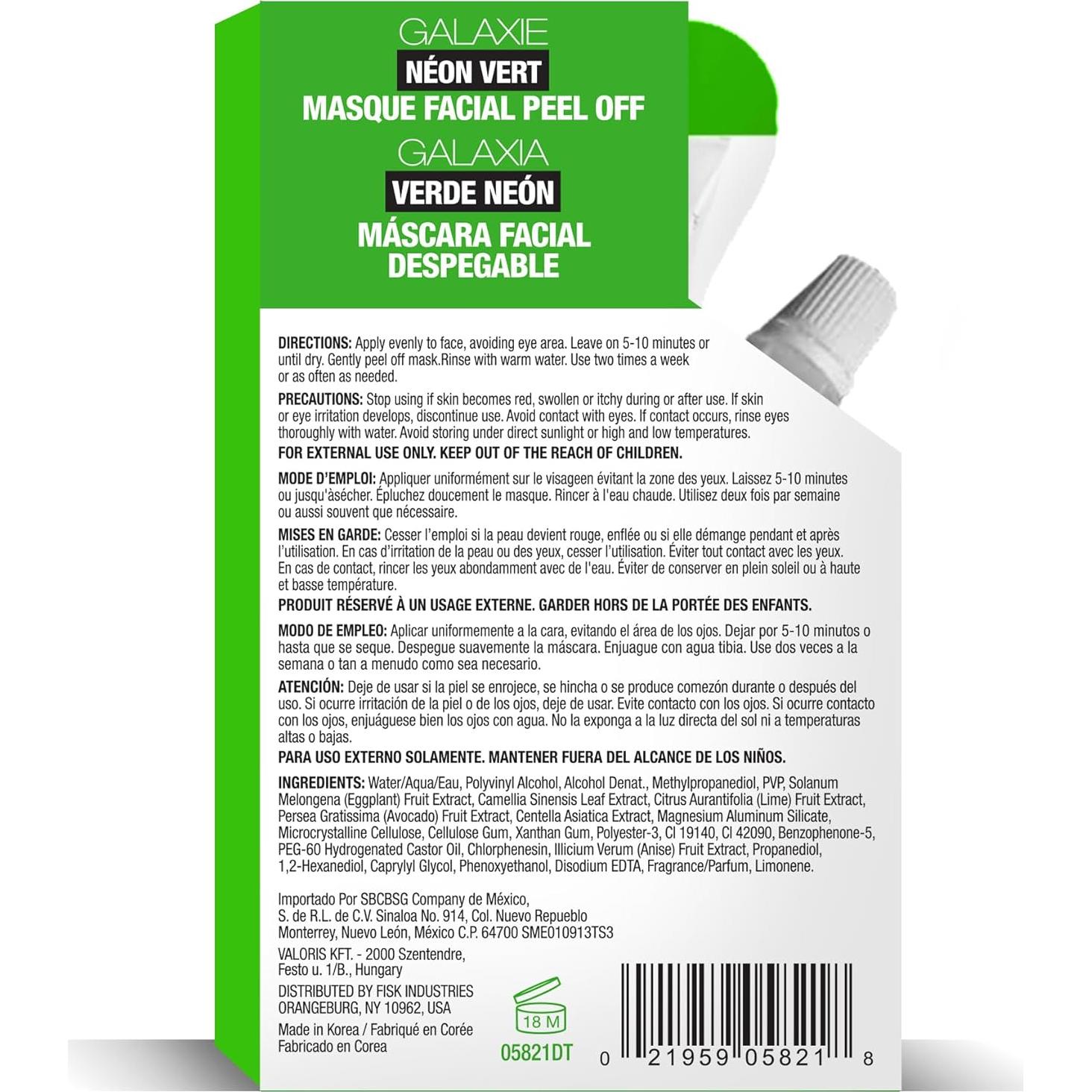 Máscara Facial Peel Off Neon Verde Galaxy 50g Aguacate