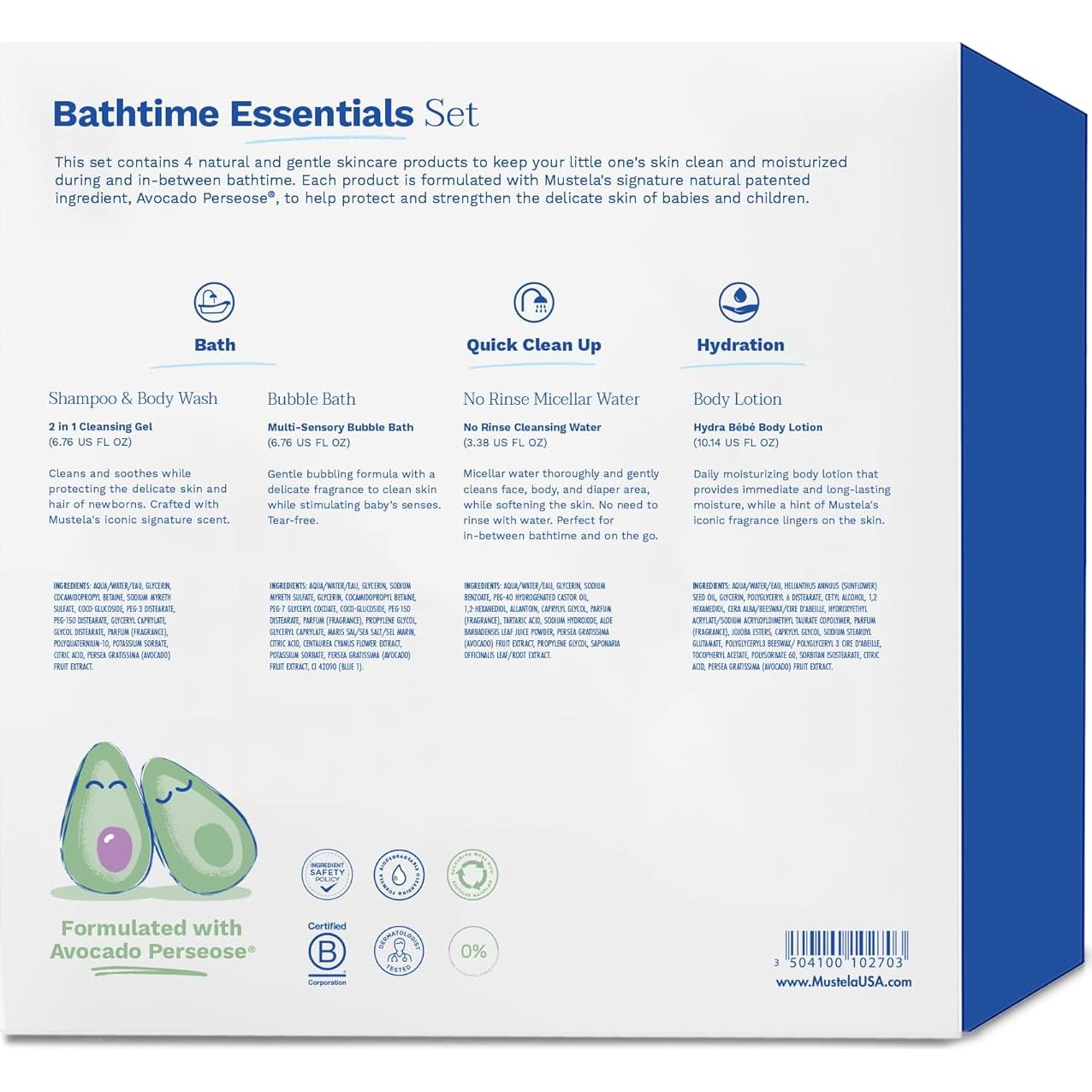 Mustela Baby Bath Time Essentials Gift Set - Natural & Plant-Based Baby Skin Care - 4 Items Set