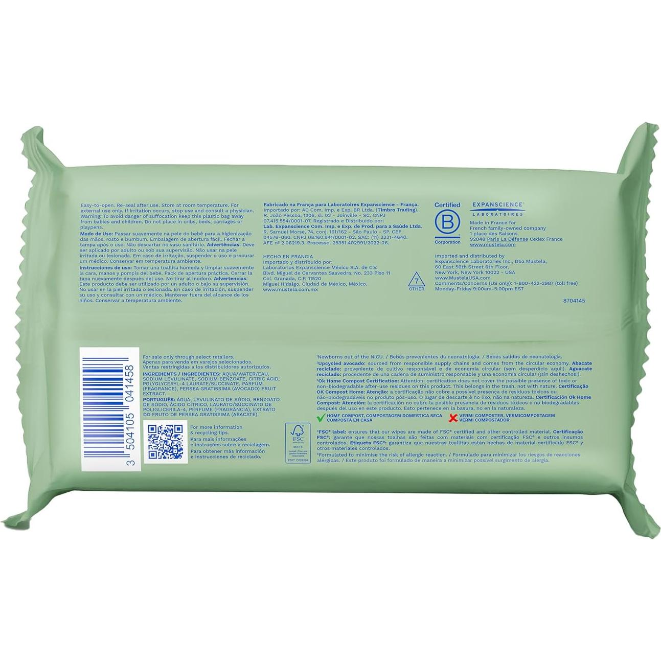 Toallitas Limpiadoras Compostables Mustela 60 Unidades Sin Fragancia