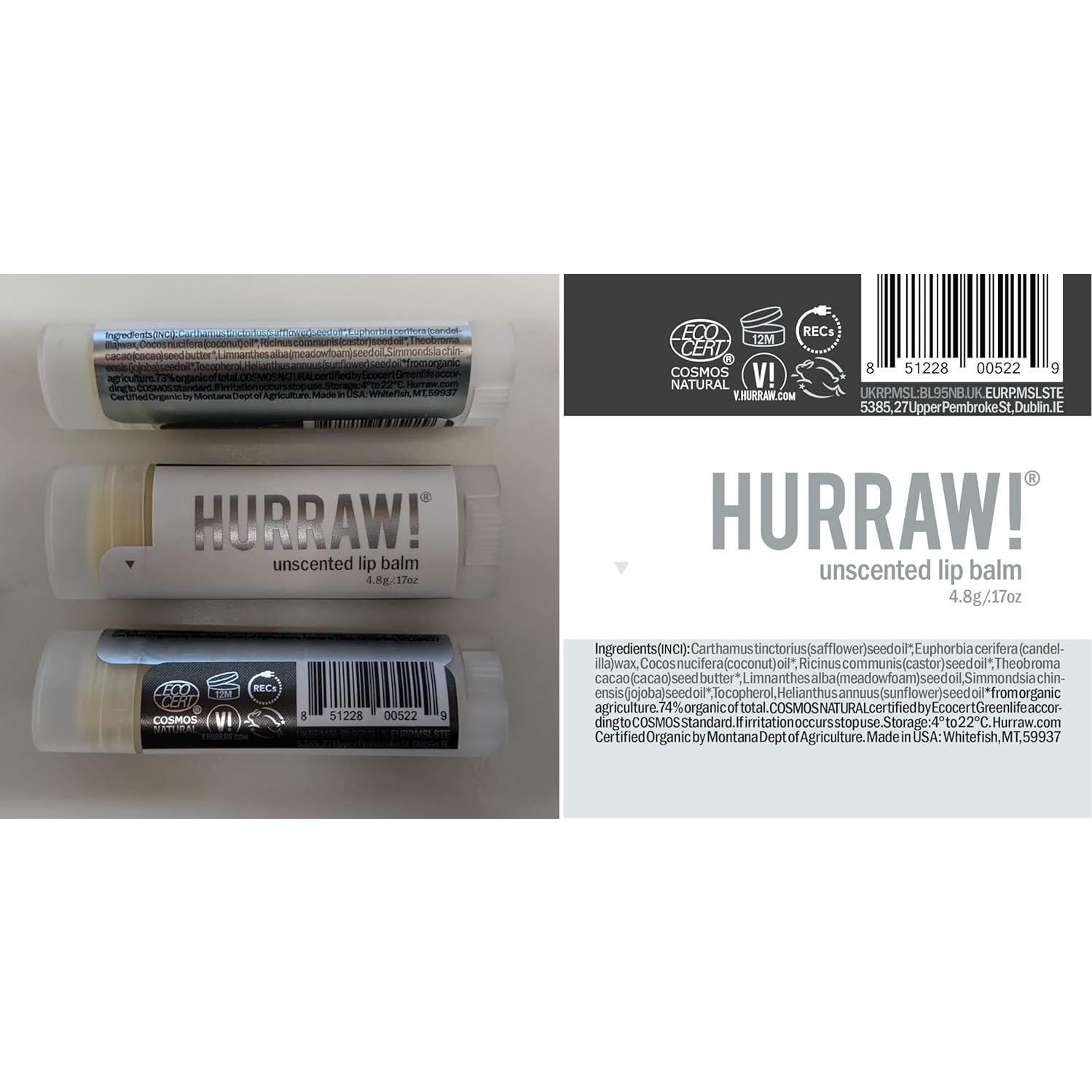 Bálsamo Labial Orgánico Hurraw! Sin Aroma - Paquete de 2