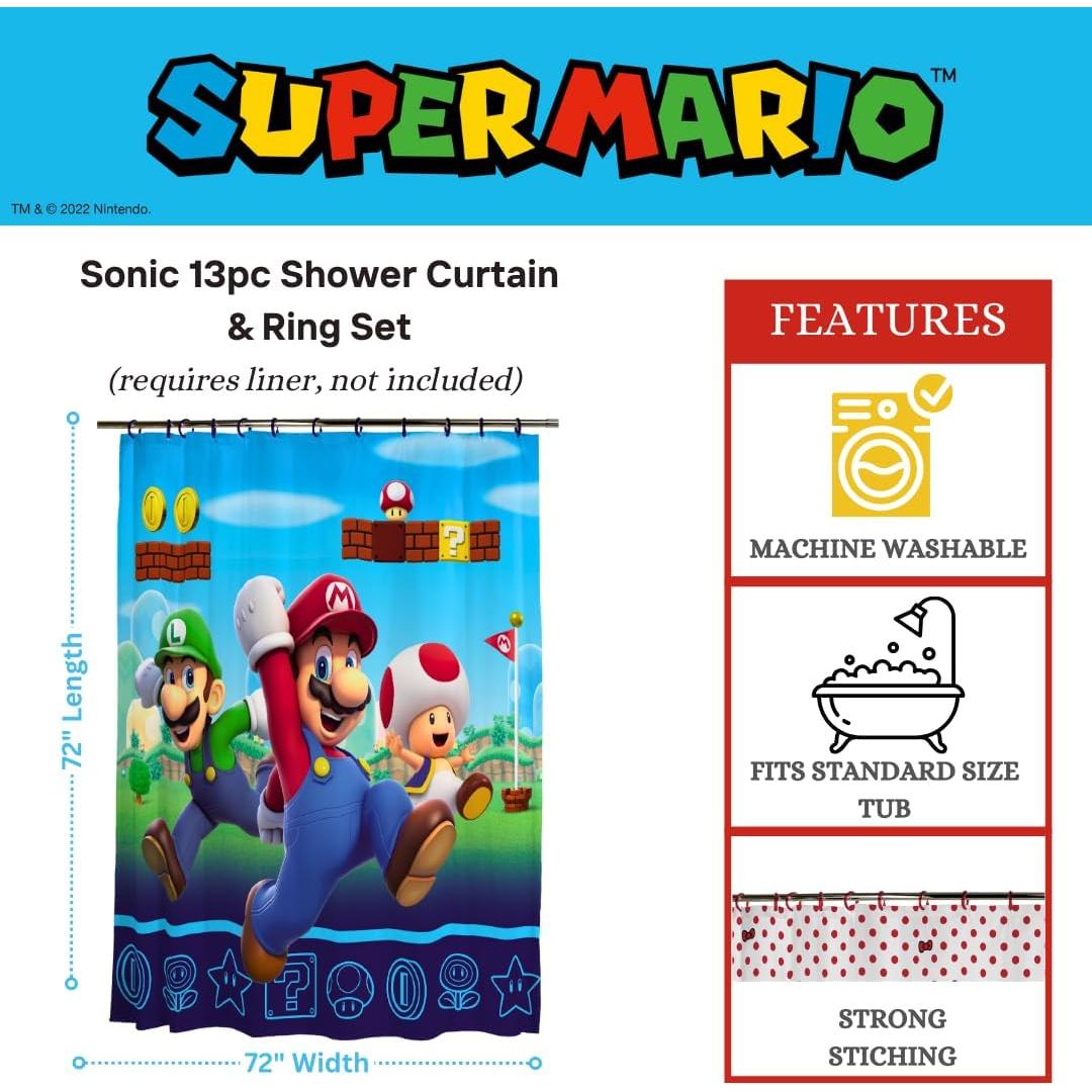 Juego de Cortina de Ducha Super Mario 72x72 cm 13 Piezas