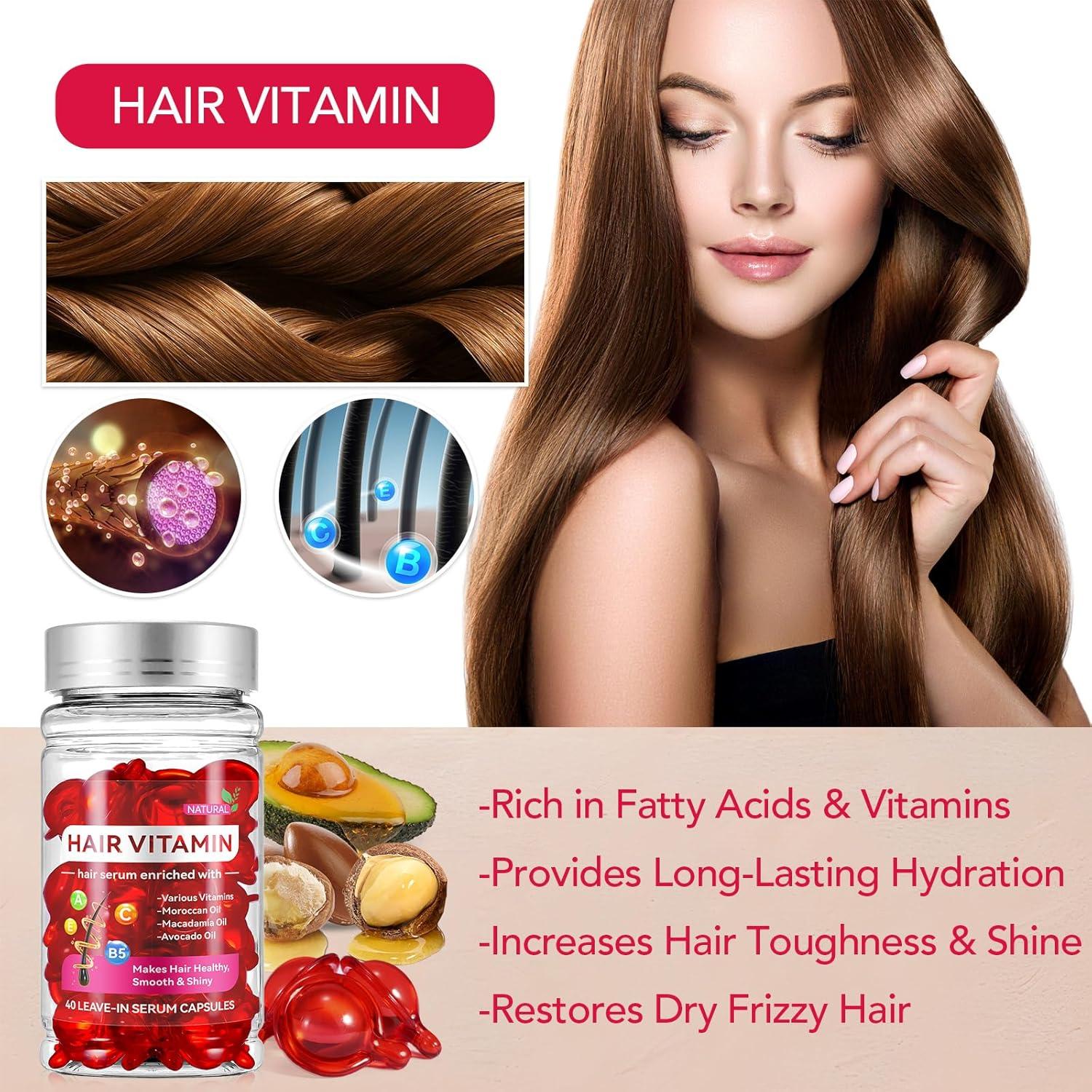 Hair Vitamin Serum 40 Capsules - Enriched with Vitamins, Moroccan Argan, Macadamia & Avocado Oils - No Rinse Hair Treatment for Frizzy, Dry & Damaged Hair