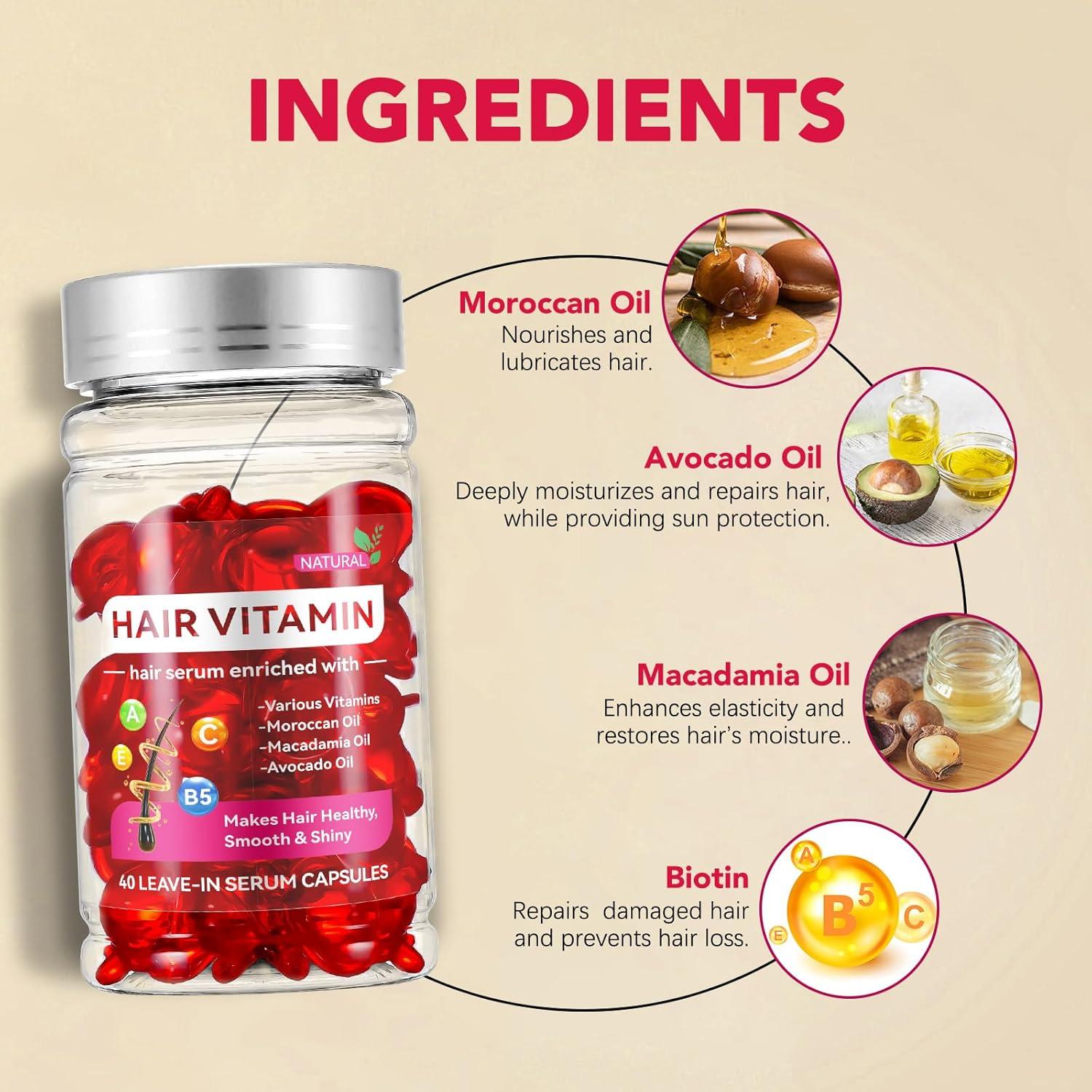 Hair Vitamin Serum 40 Capsules - Enriched with Vitamins, Moroccan Argan, Macadamia & Avocado Oils - No Rinse Hair Treatment for Frizzy, Dry & Damaged Hair