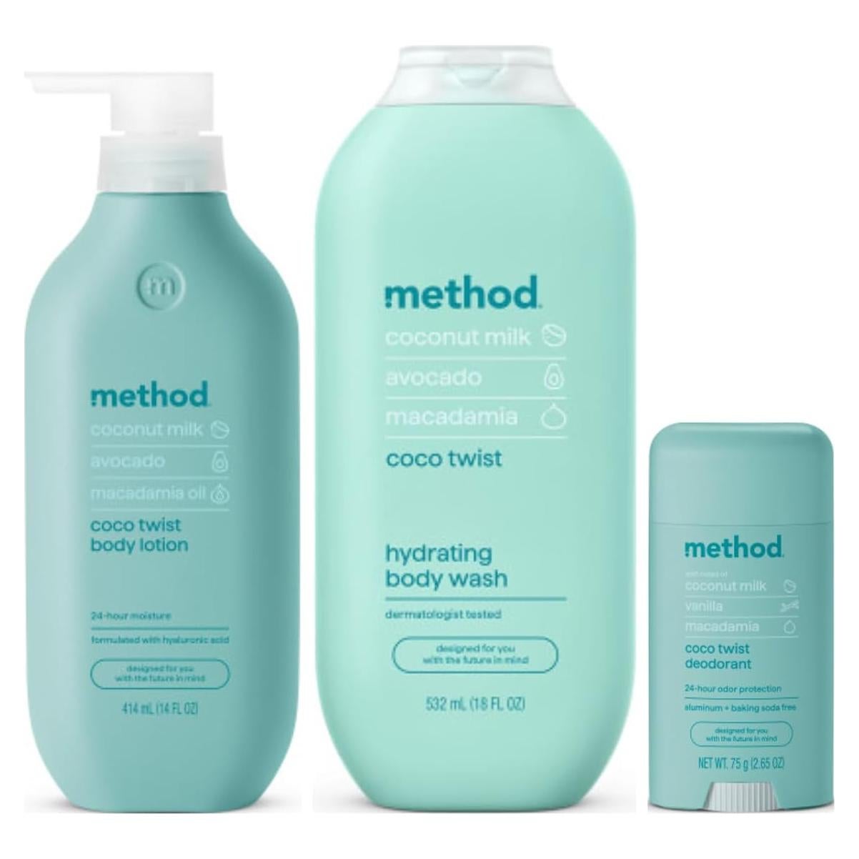 Paquete Cuidado Corporal Method Coco Twist - Loción 414ml, Gel 532ml, Desodorante 75ml