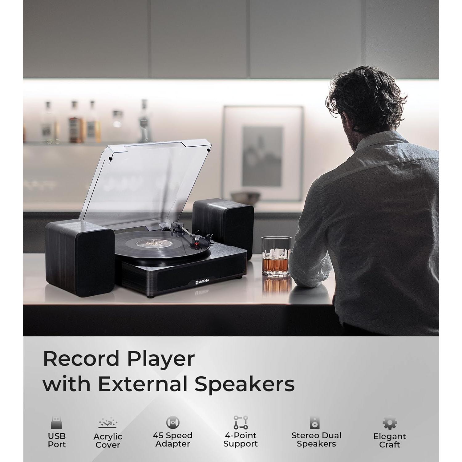 Reproductor de Vinilo Vangoa Negro Bluetooth 3 Velocidades