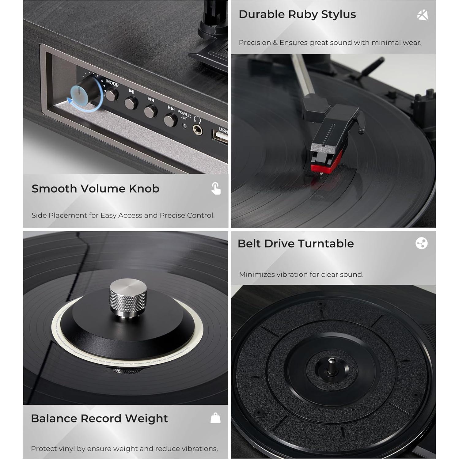 Reproductor de Vinilo Vangoa Negro Bluetooth 3 Velocidades