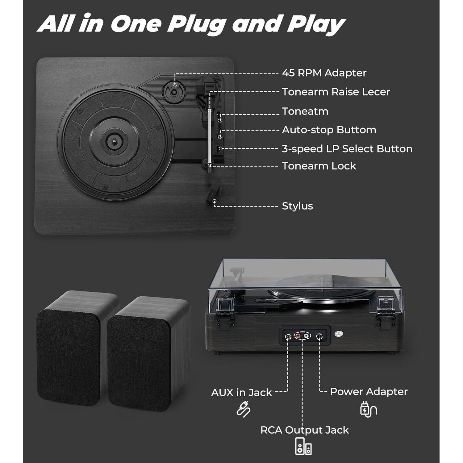 Reproductor de Vinilo Vangoa Negro Bluetooth 3 Velocidades