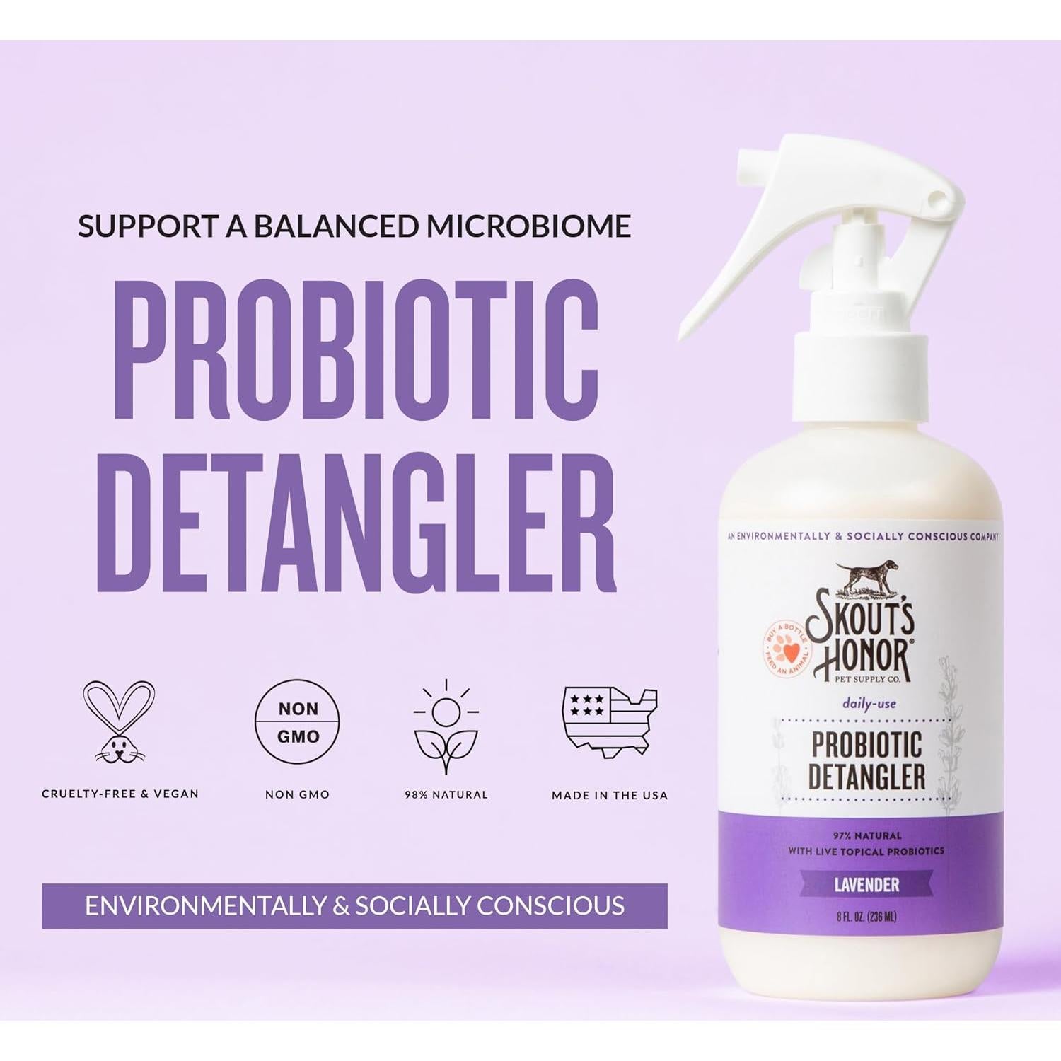 Skout's Honor Pet Detangler Spray - Hydrating & Conditioning with Avocado Oil & Probiotics, 97% Natural, Paraben & Sulfate-Free, softens for a More brushable Coat, Daily Use, 8oz, Lavender