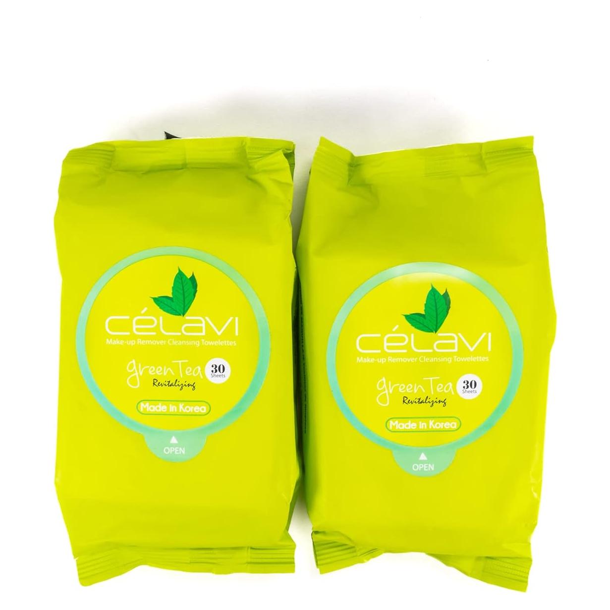 Toallitas Desmaquillantes Celavi Té Verde - 2 Paquetes de 60 Hojas