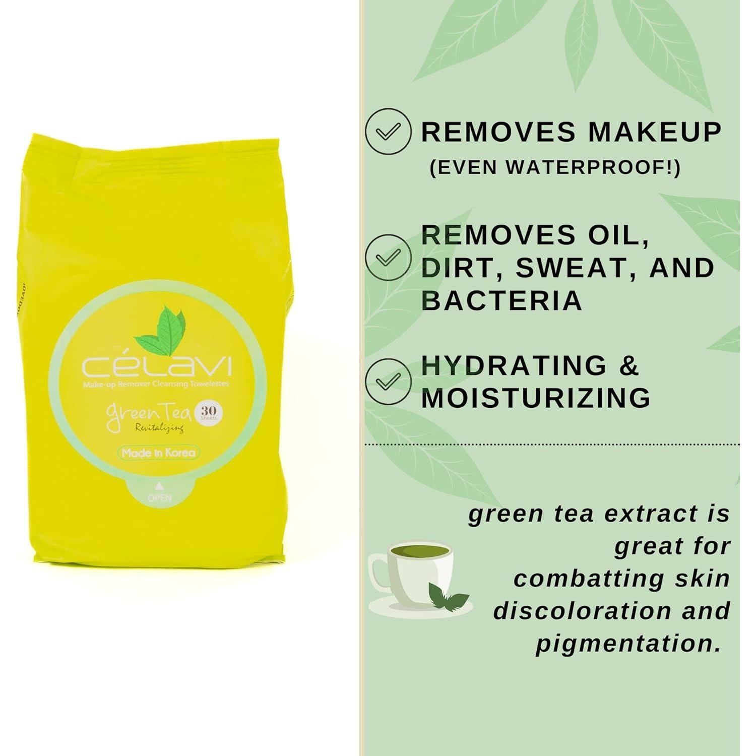 Toallitas Desmaquillantes Celavi Té Verde - 2 Paquetes de 60 Hojas