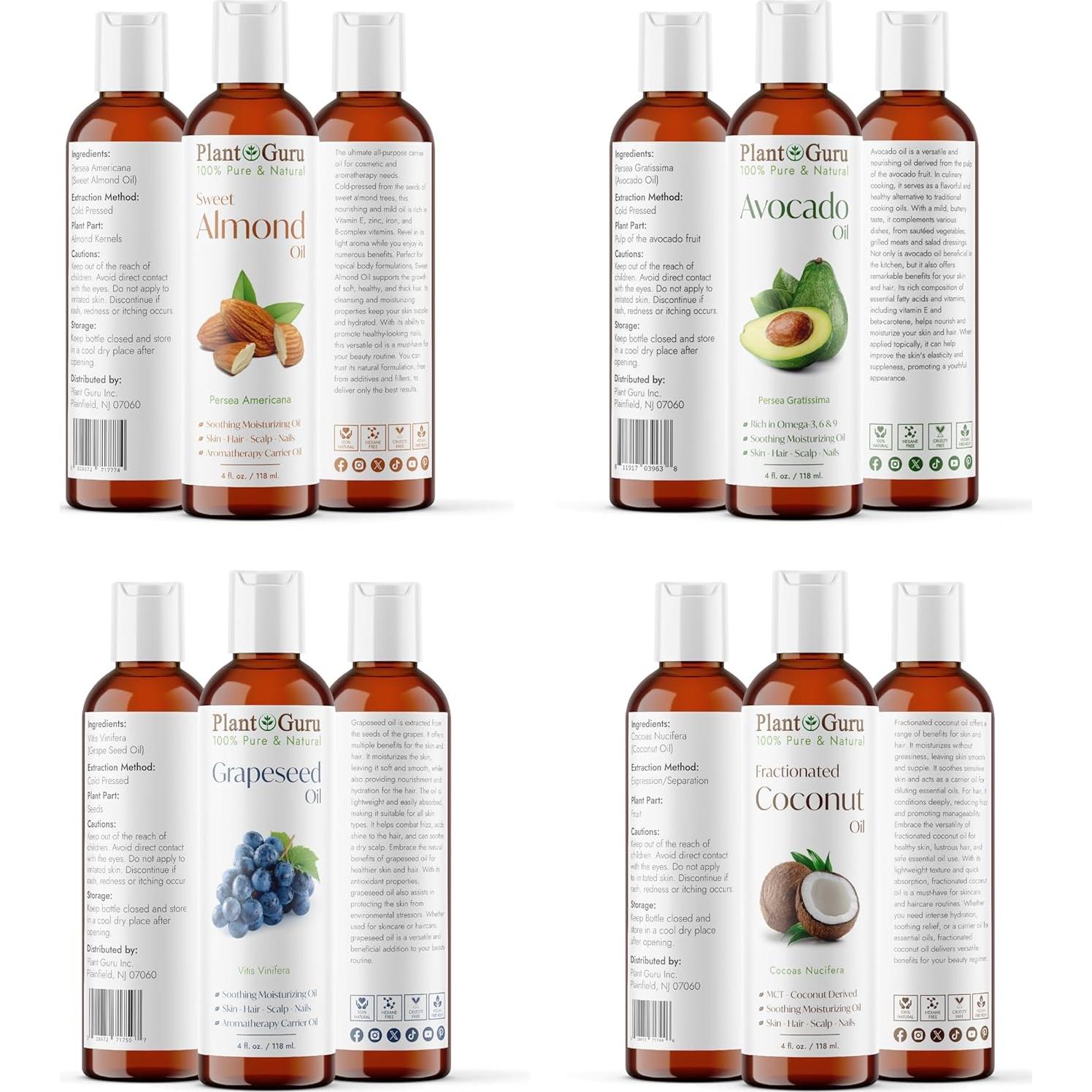 Juego de Aceites Portadores 120 ml Plant Guru - Almendra, Coco, Aguacate