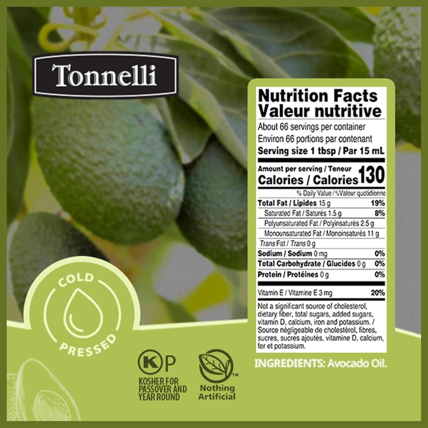 Aceite de Aguacate Refinado Tonnelli 1 Litro Kosher España