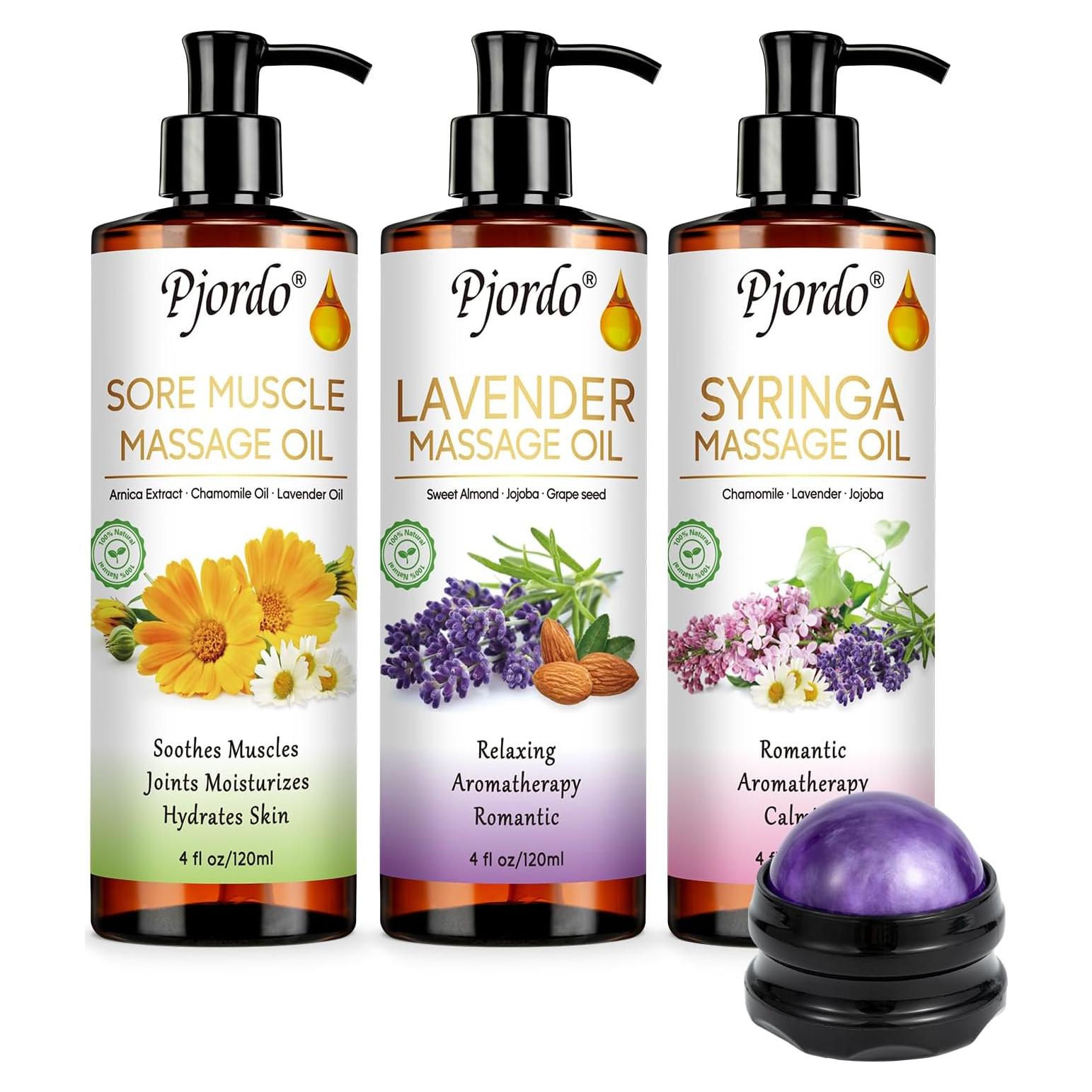 Set de Aceites de Masaje Pjordo con Bola de Rodillo 4 Piezas