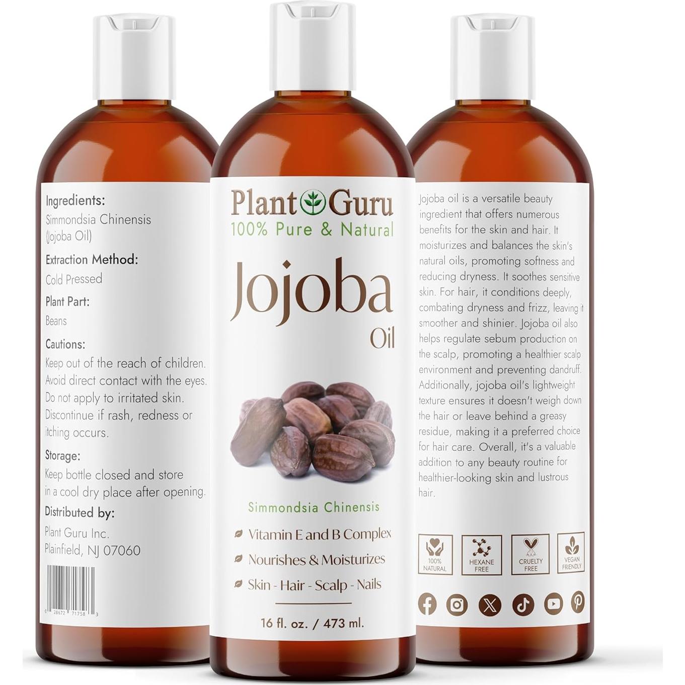 Aceite de Jojoba 473 ml Plant Guru Prensado en Frío 100% Puro