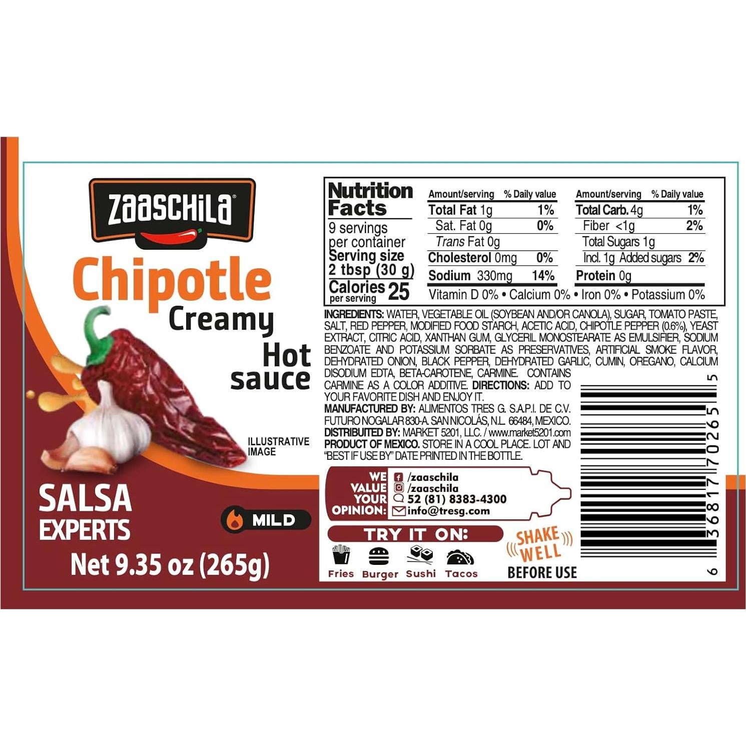 Salsa Cremosa Zaaschila Chipotle 265g - Paquete de 3