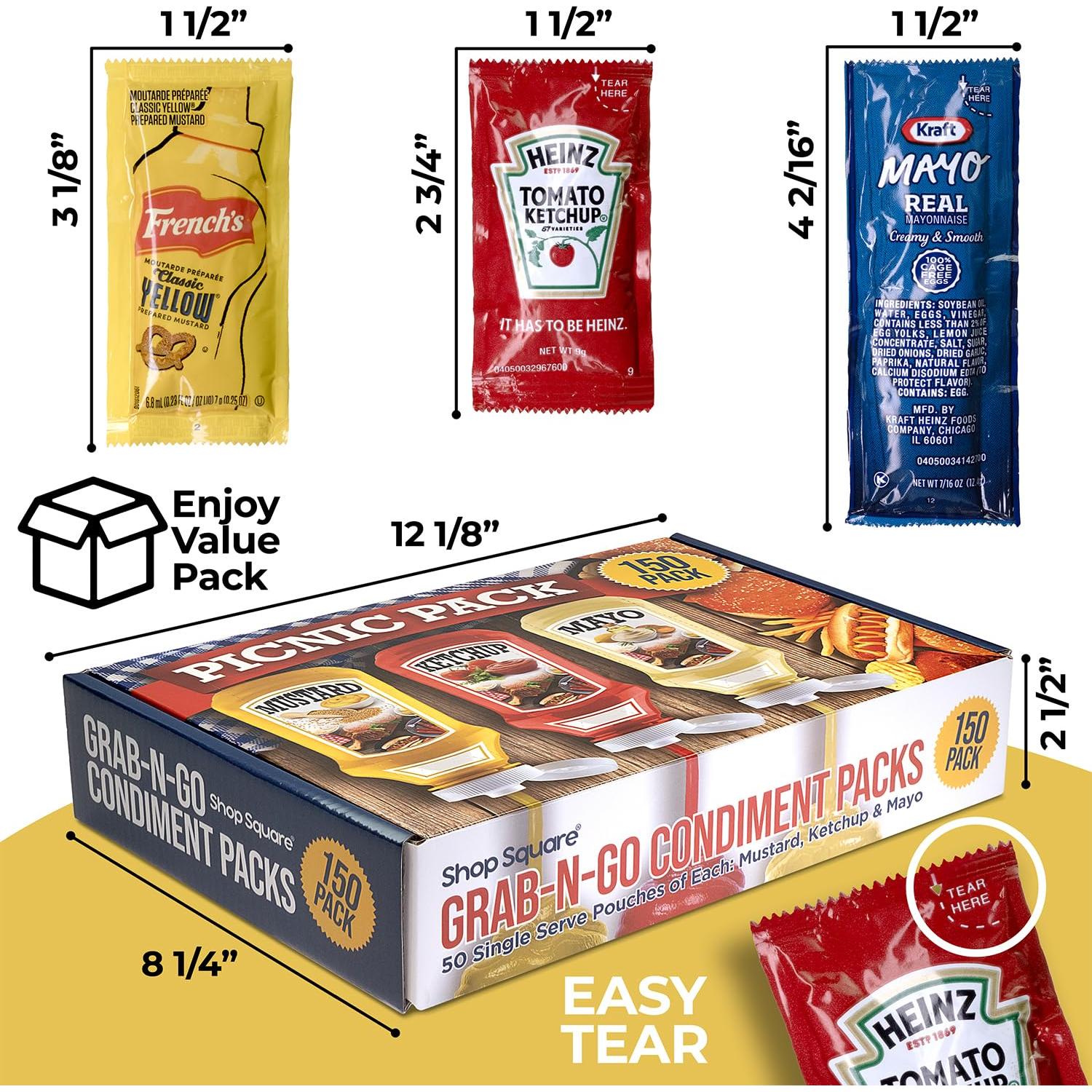Paquete de Condimentos para Llevar - 150 Paquetes Ketchup, Mostaza y Mayonesa