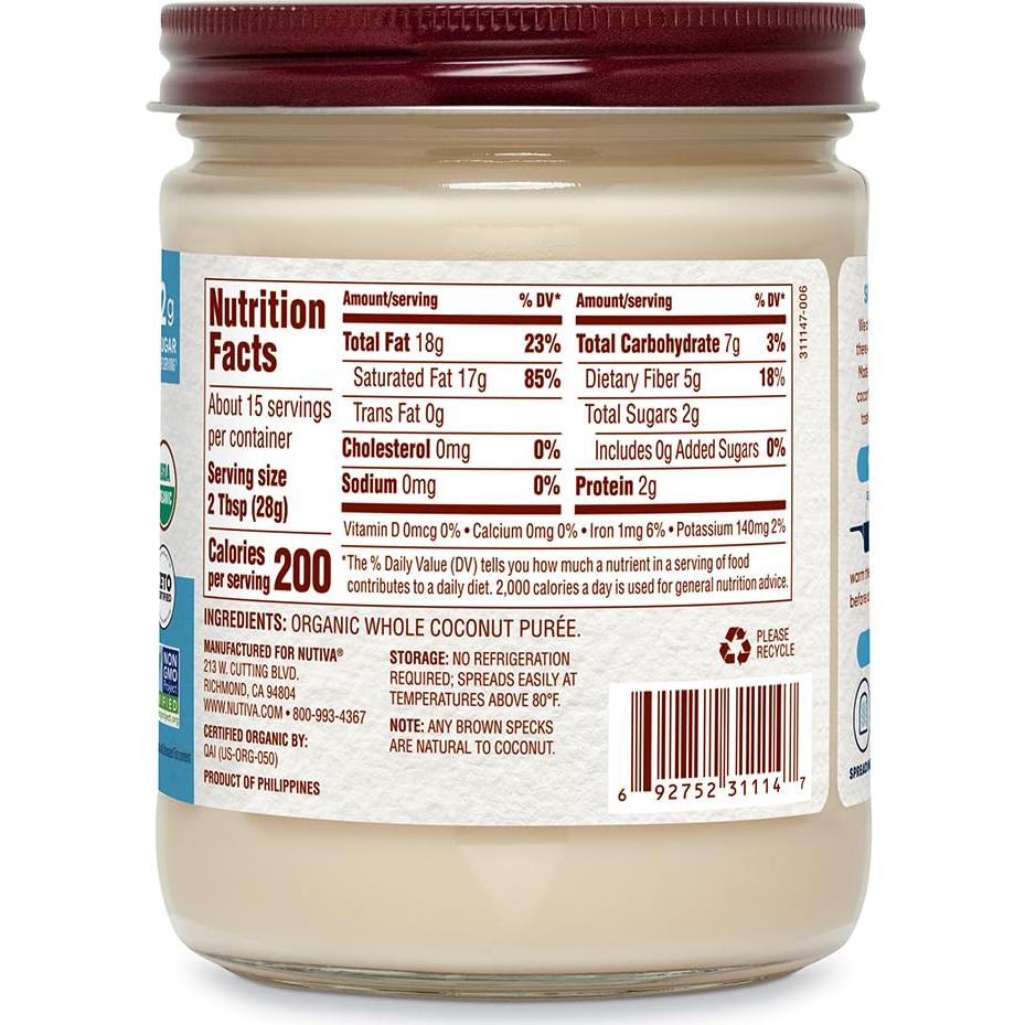 Mantequilla de Coco Orgánica Nutiva 425 g - Vegana y Sin Gluten