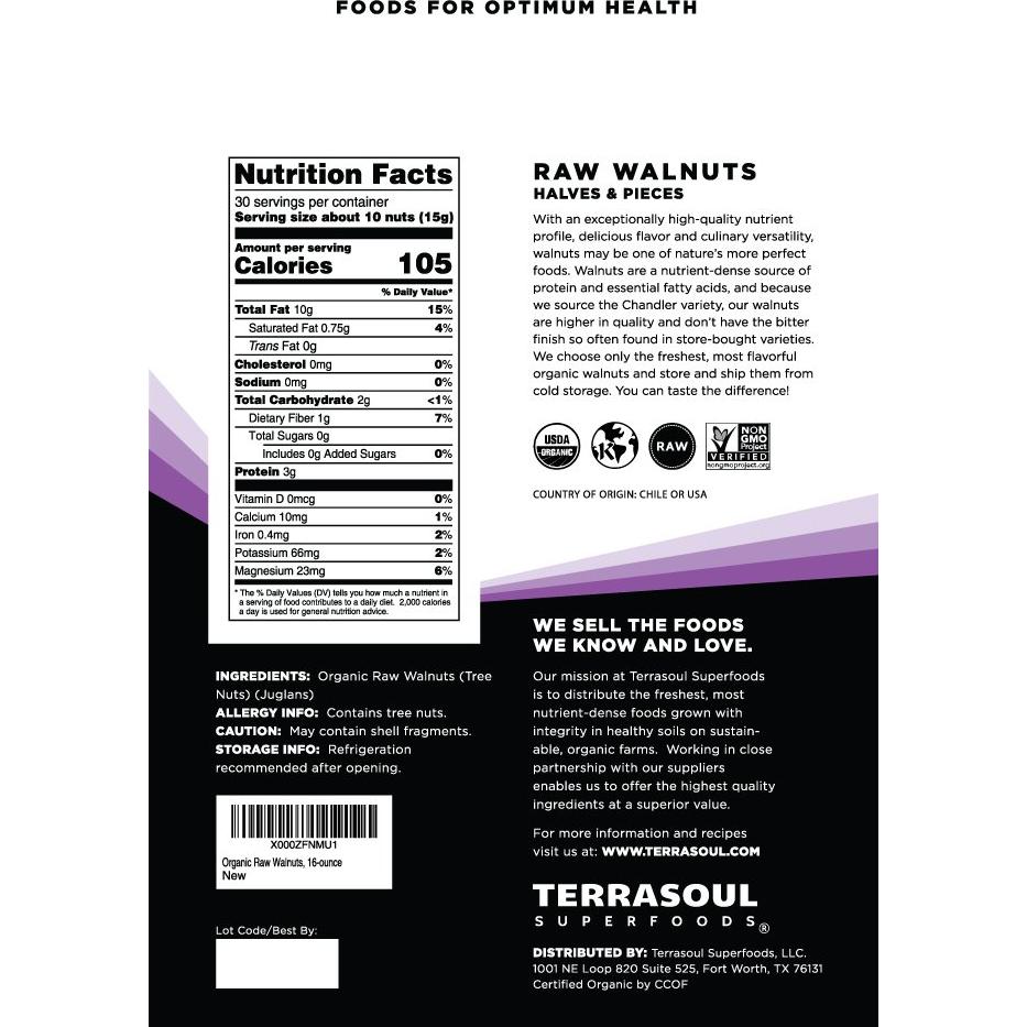 Nueces Crudas Orgánicas Terrasoul Superfoods 907 g - Variedad Chandler