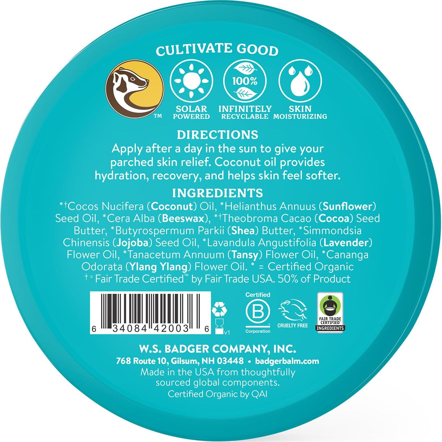 Bálsamo Badger AfterSun Coco 56.7g x2 - Alivio Quemaduras Solares